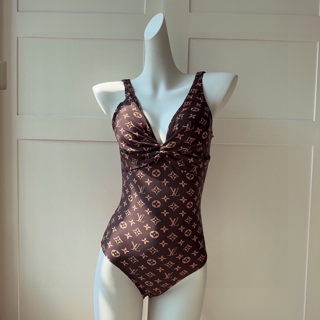 [TOP] L&V Classic Logo Deep V One Piece Swimsuit LV Louis Vuitton