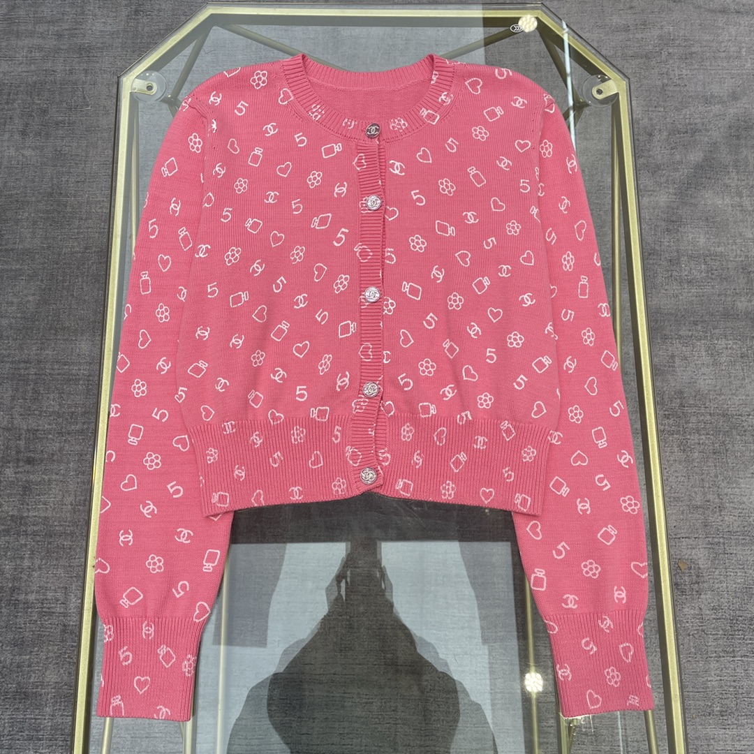 [TOP] CH@NEL Printed Knitted Cardigan - Pink - Chanel