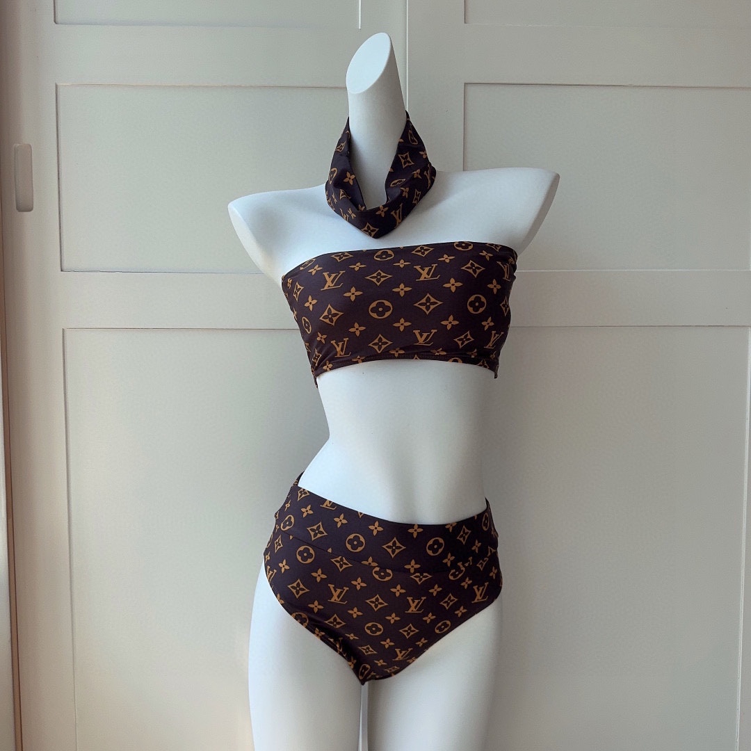 [TOP] L&V Classic logo Bikini Swimsuit - Brown - LV Louis Vuitton