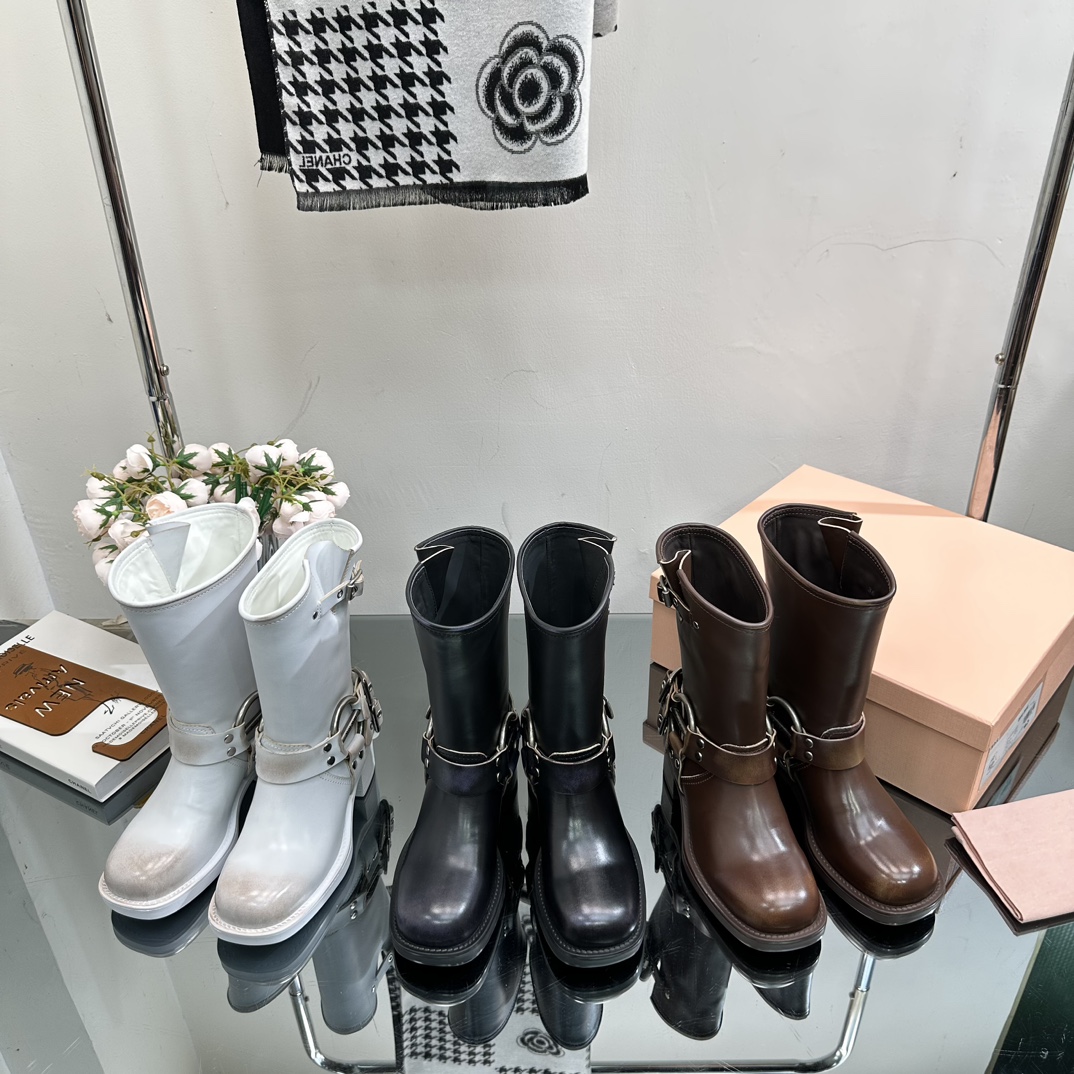 [TOP] m!u m!u Retro Western Catwalk Motorcycle Middle Boots - 3 Colors - Waxed Calfskin with 1 Buckle - MIUMIU