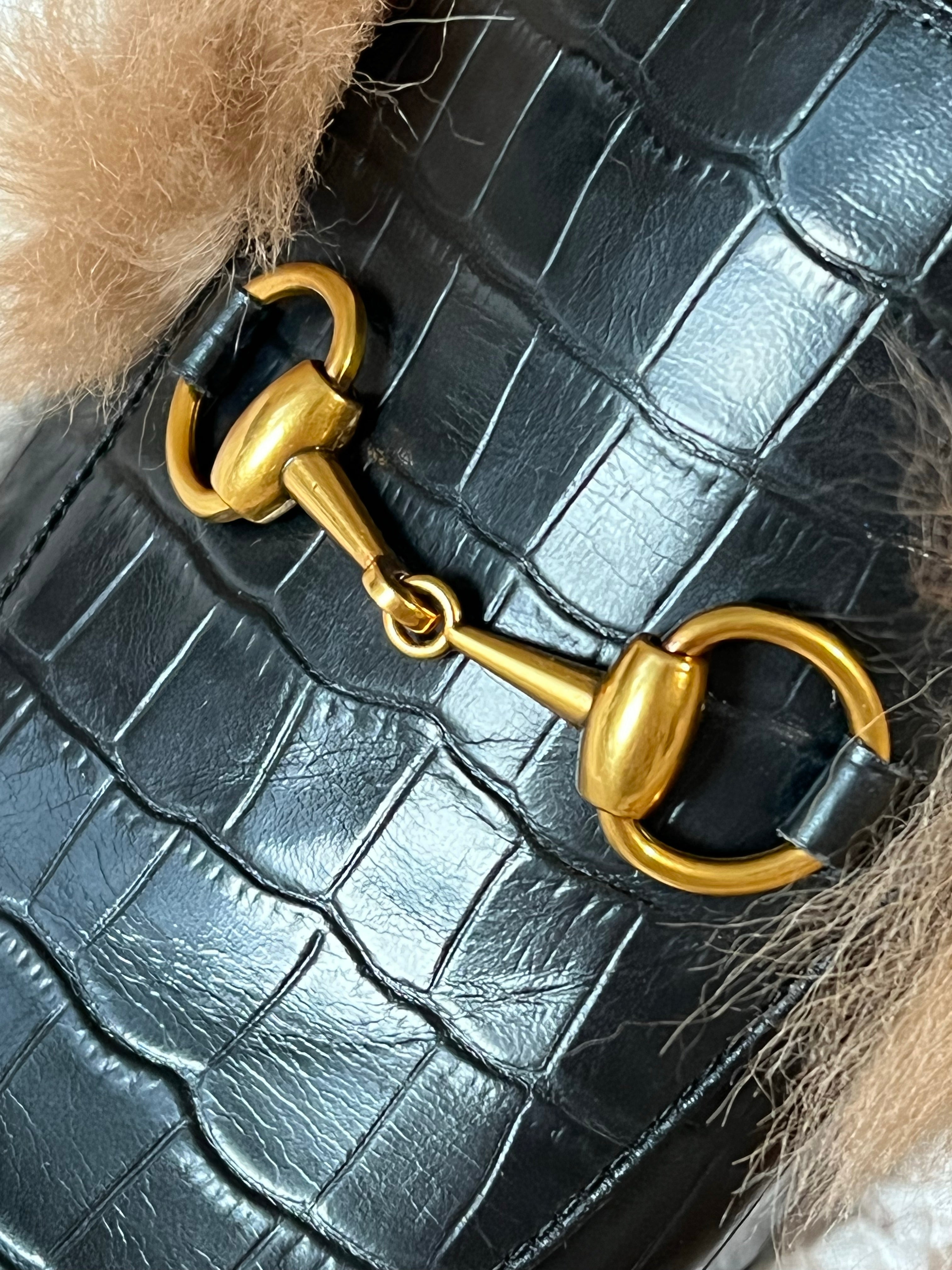 [TOP] GUCC! Fur Line Crocodile Skin Slippers - Black - Gucci