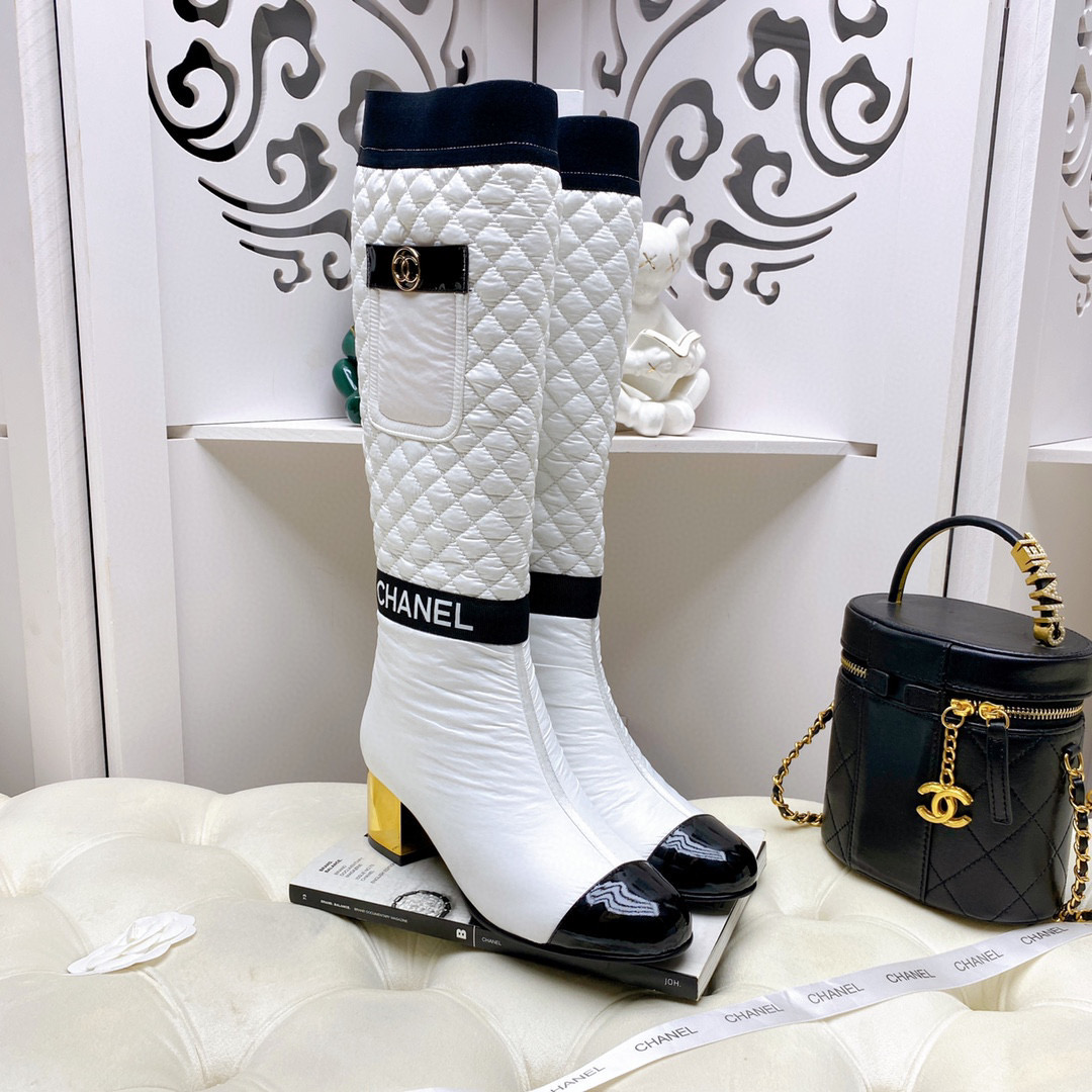 [TOP] CH@NEL Lambskin Boots 5cm Heels - white/Black/Beige - Chanel