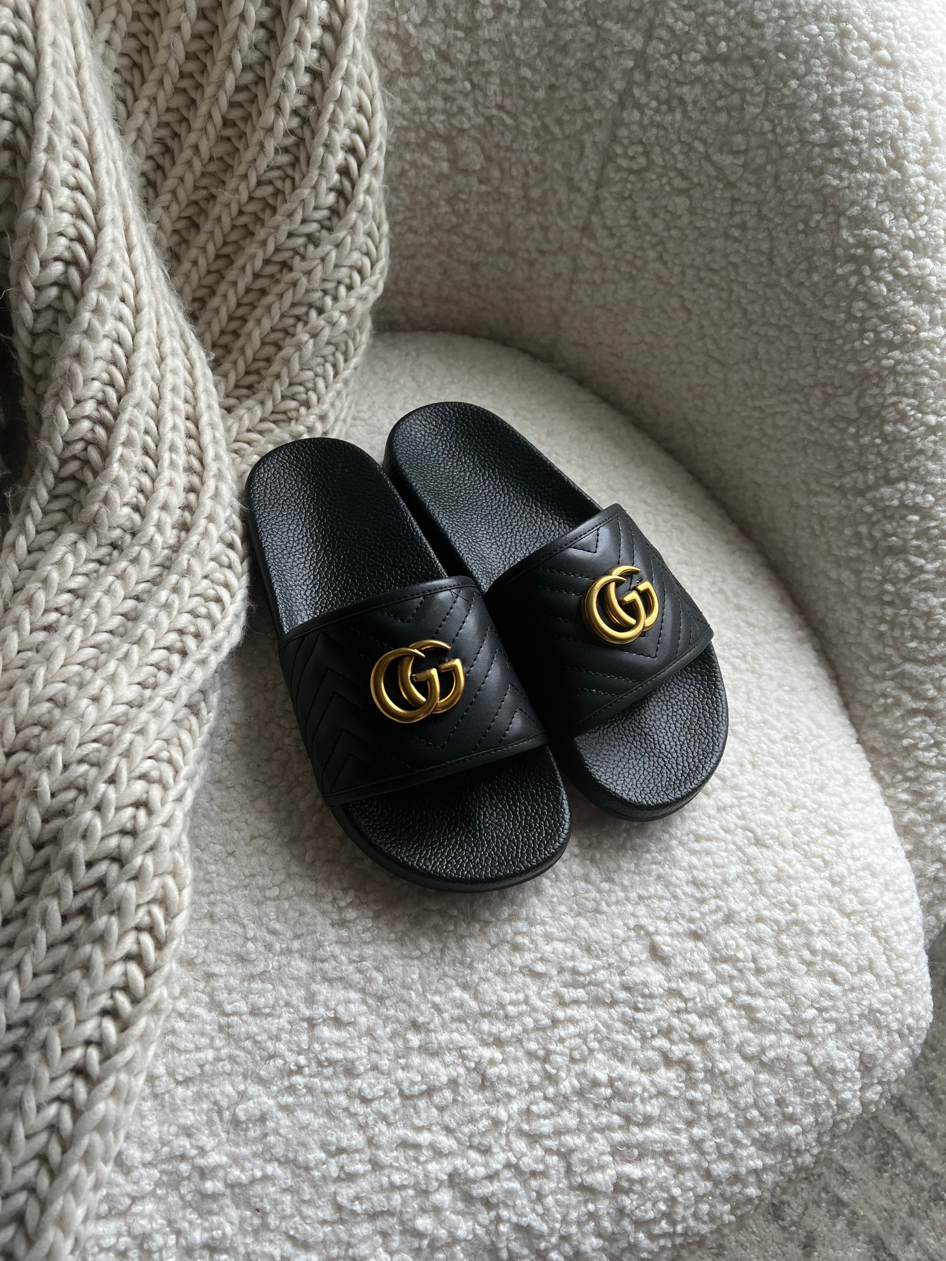 [TOP] GUCC! G*G Marmont Black Slides - Size 37/7USA - Gucci