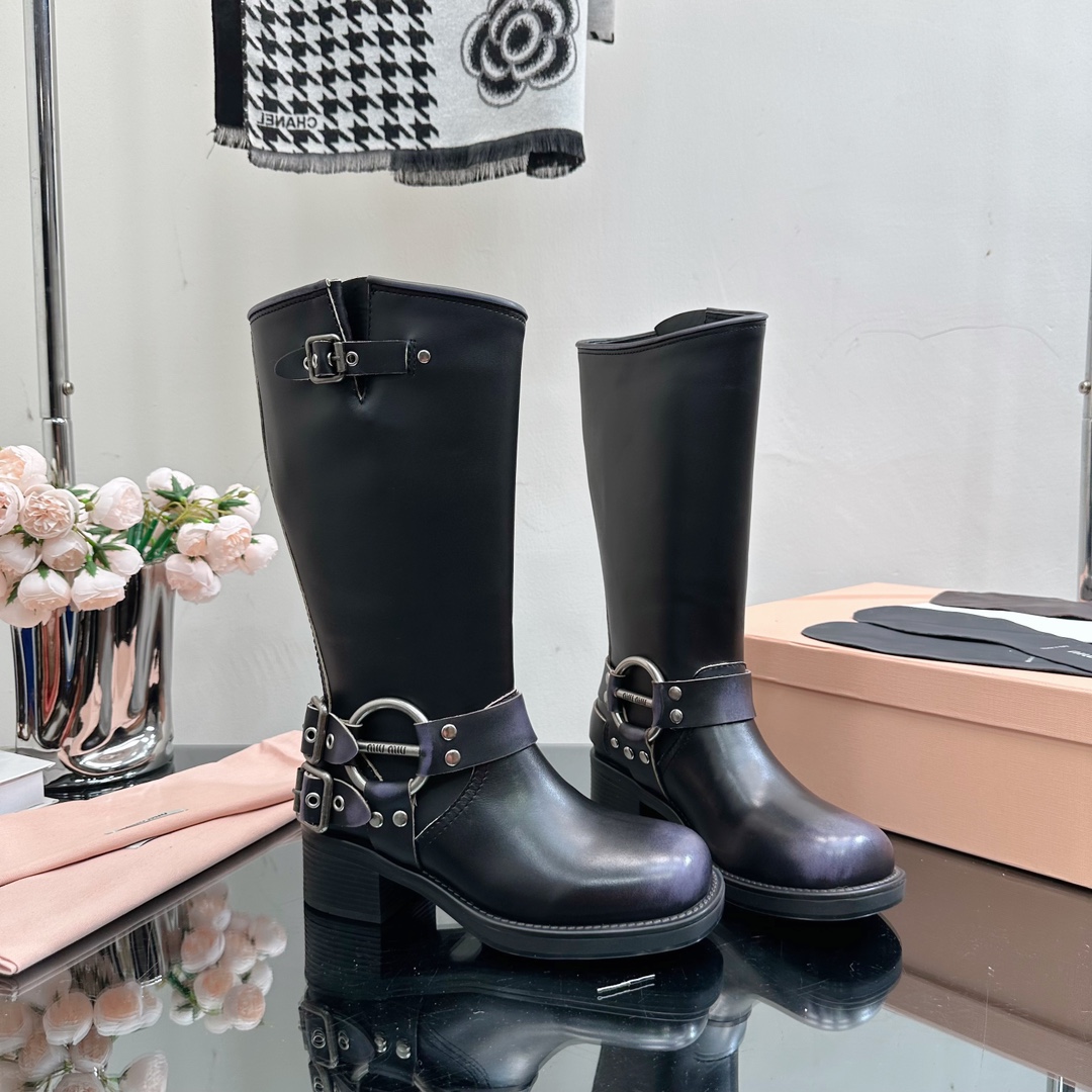 [TOP] m!u m!u Retro Western Catwalk Motorcycle High Boots - 3 Colors - Waxed Calfskin with 1 Buckle - MIUMIU