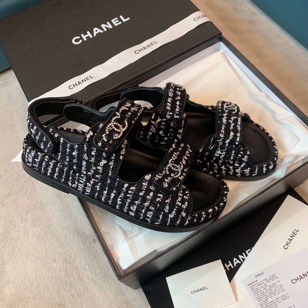 [TOP] CH@NEL Dad Sandals Tweed  Stones Double C - Black and White - Chanel