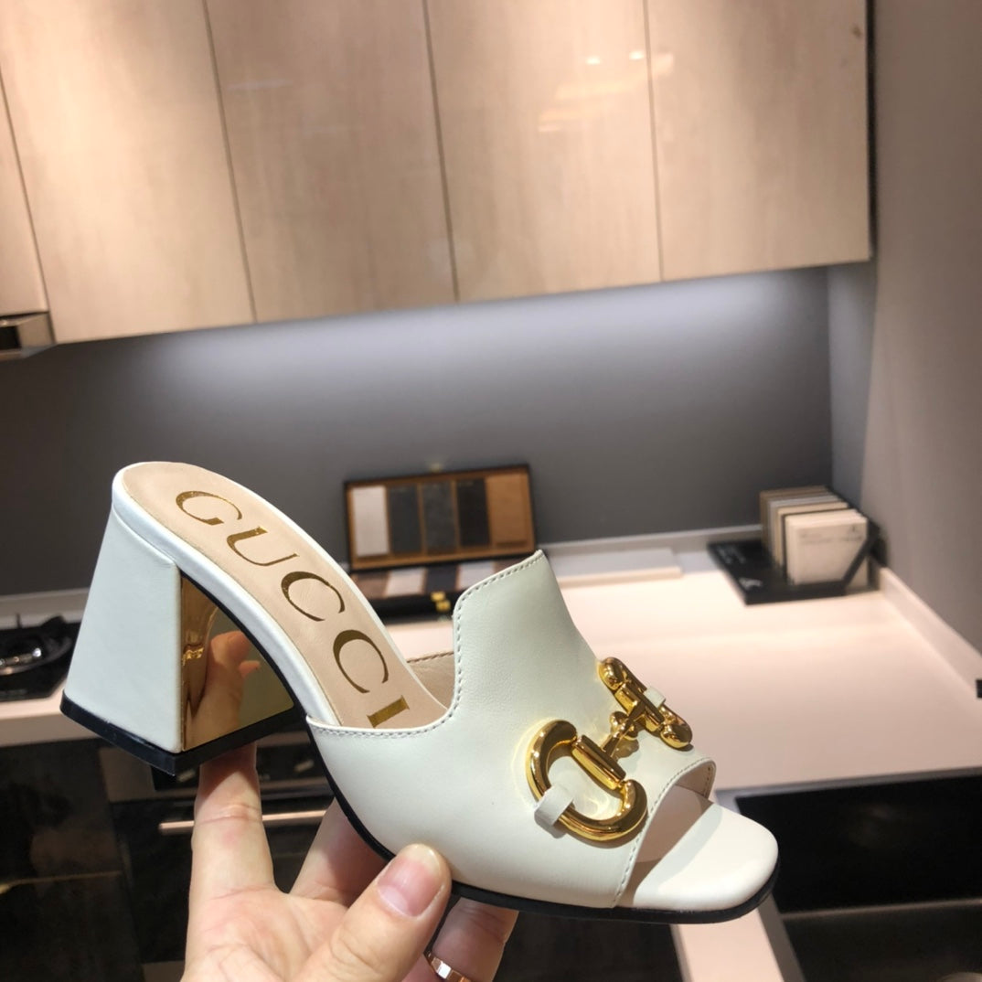 [TOP] GUCC! G*G Horsebit Slide Sandal Block Heels - White - Gucci