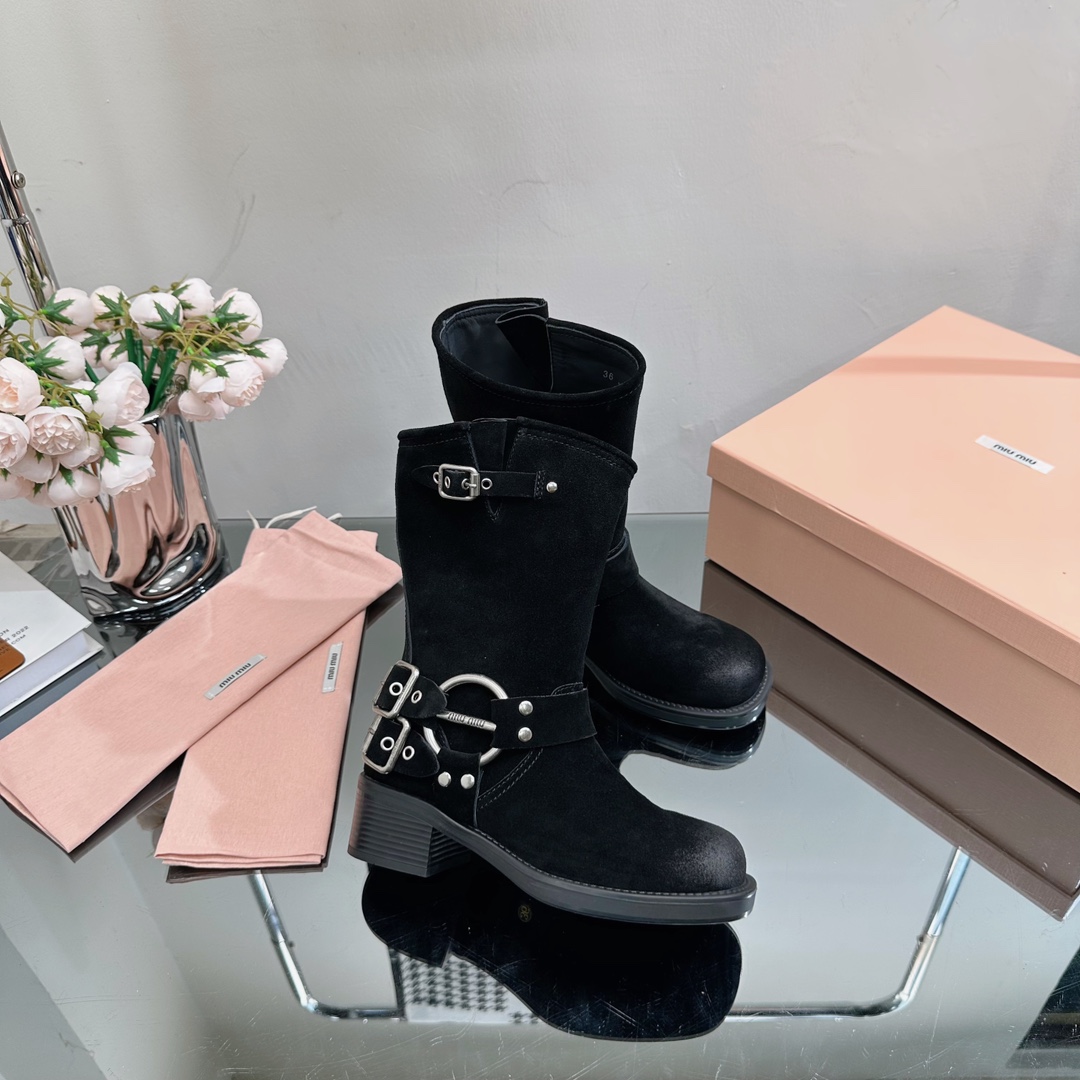 [TOP] m!u m!u Retro Western Catwalk Motorcycle Middle Boots - 3 Colors - Suede with 1 Buckle - MIUMIU