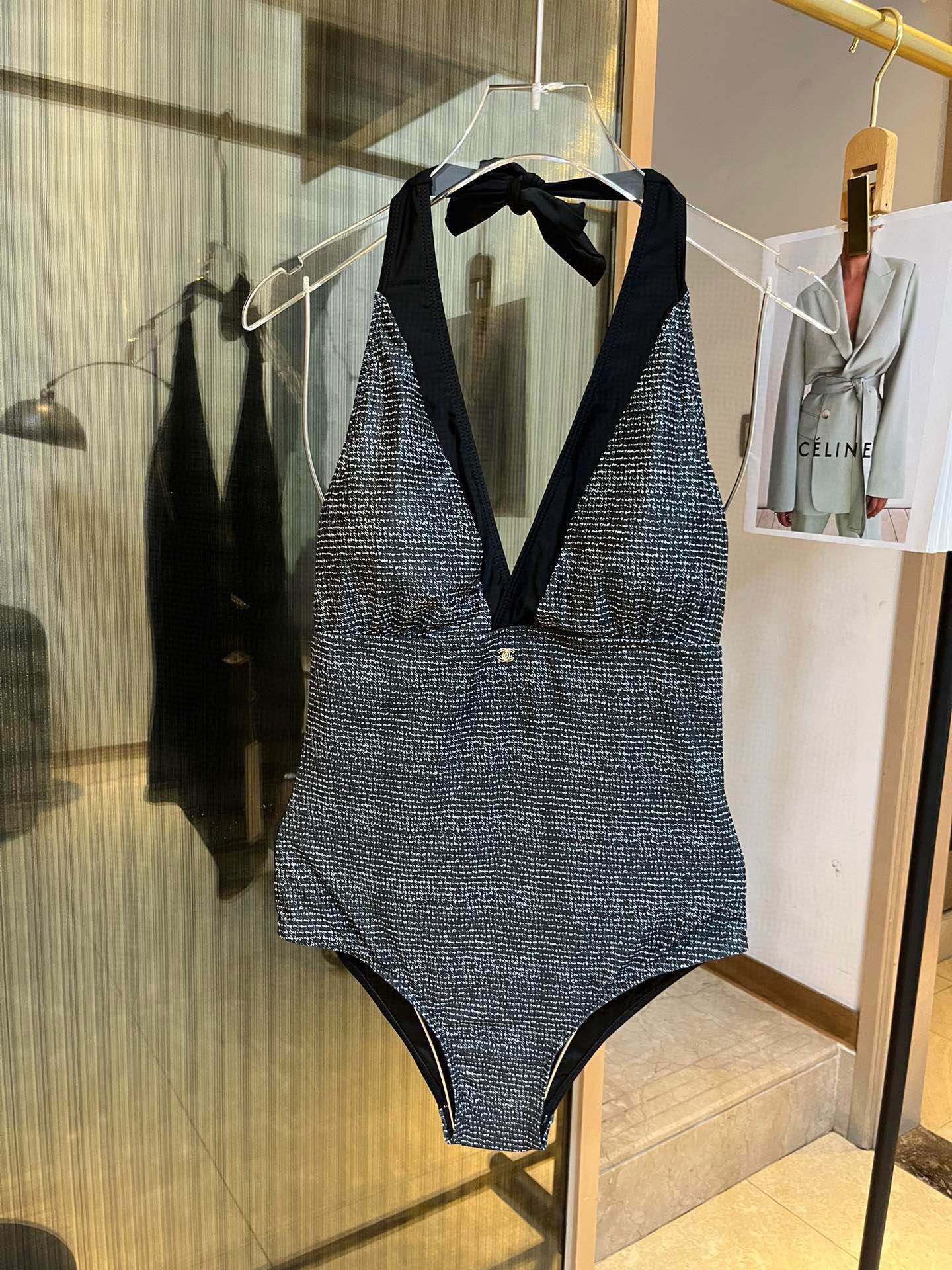 [TOP] CH@NEL V Neck Open Back One Piece Swimsuit - Dark - Chanel