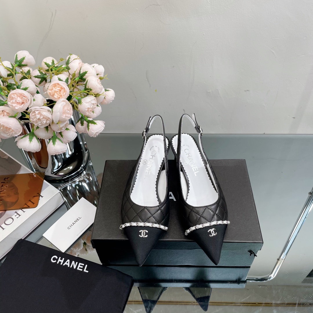 [TOP] CH@NEL Sheepskin Pointed Toe Chain Sandals - 6 Color - Chanel