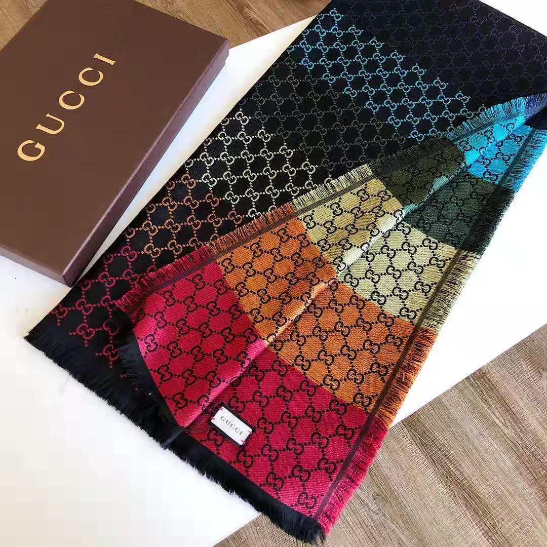 [TOP] GUCC! Jacquard Scarf Wool Shawl - Black Rainbow - Gucci