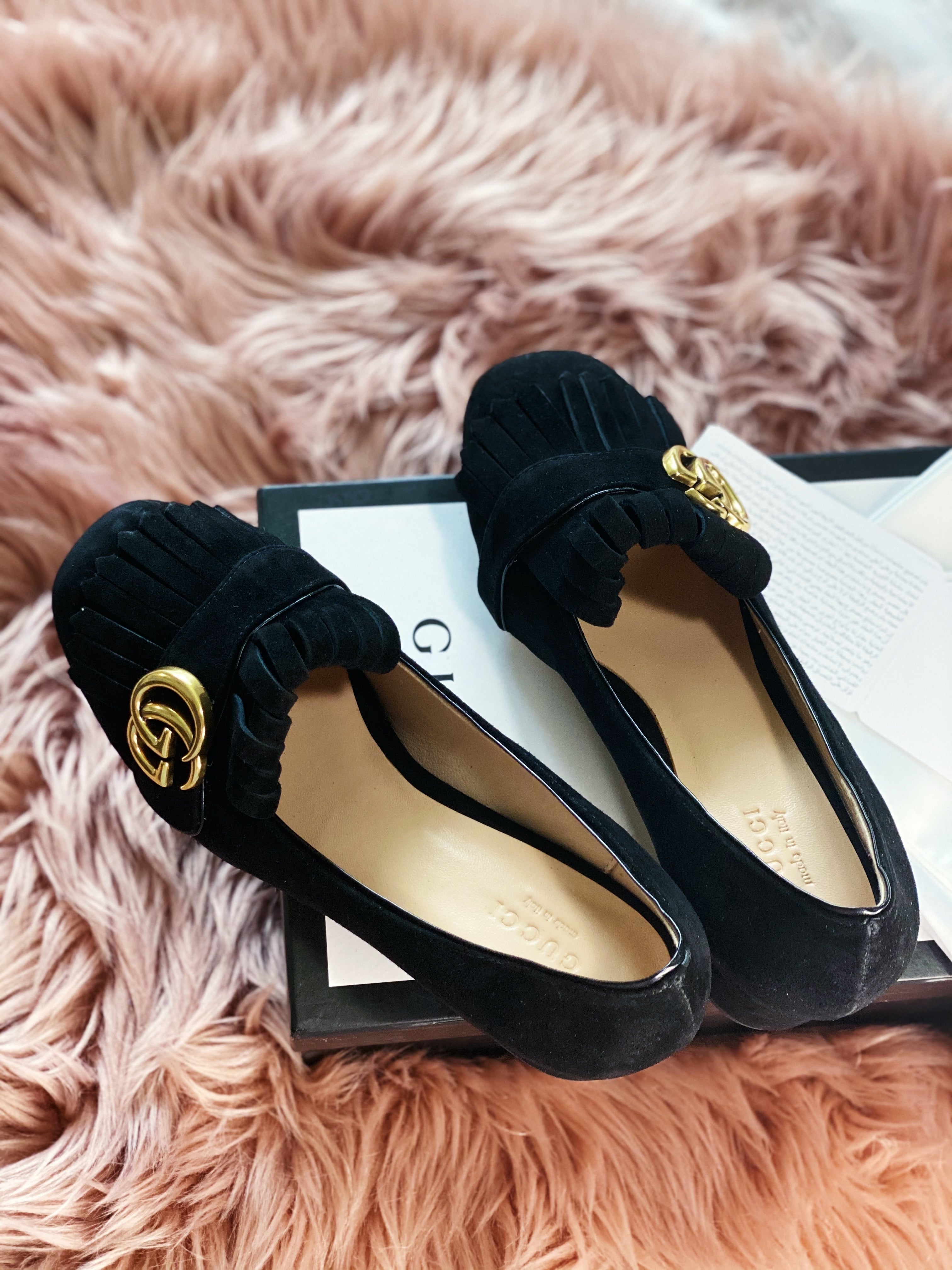 [TOP] GUCC! GG Marmont Suede Pump Midheels - Black - Gucci