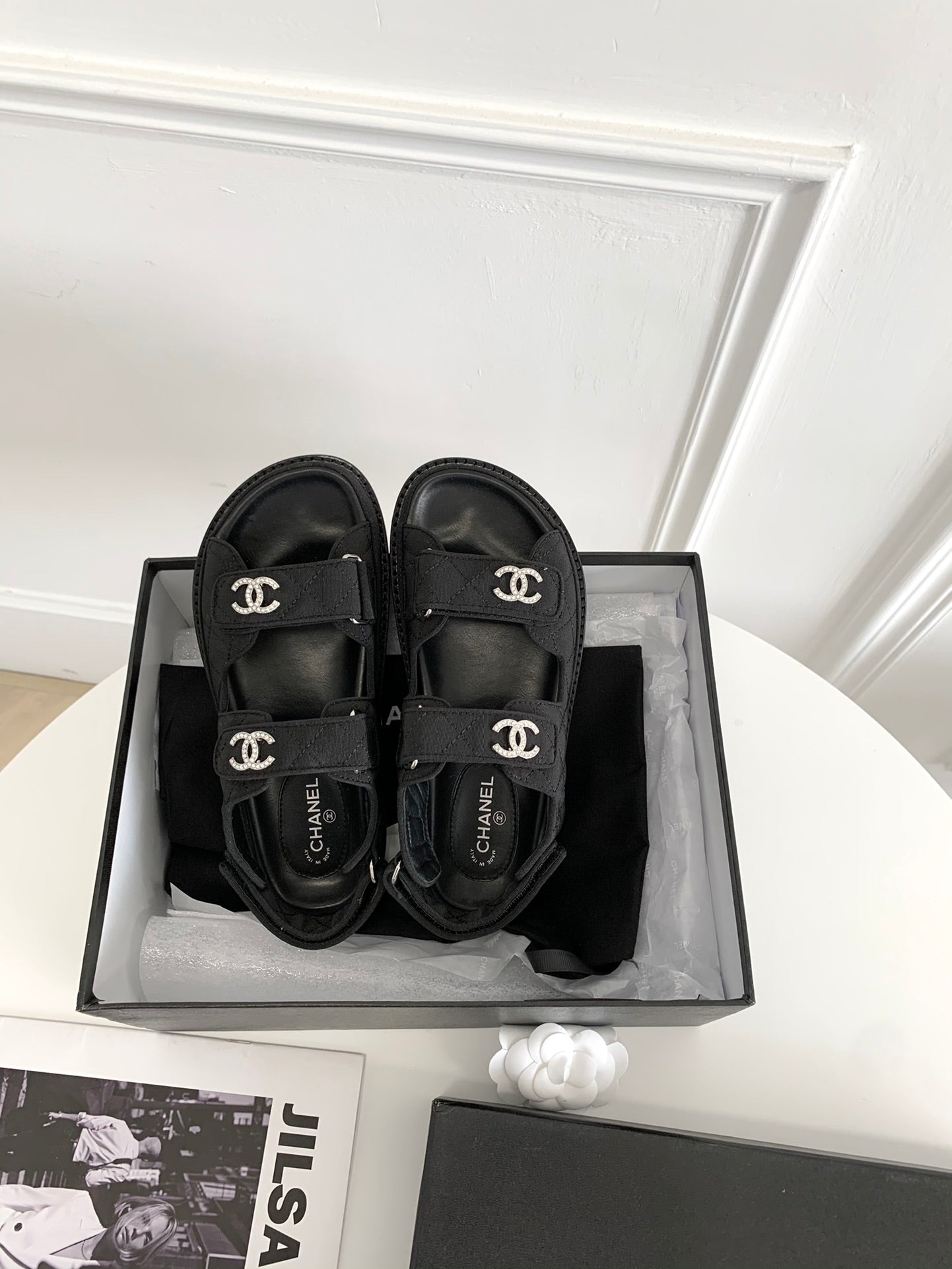 [TOP] CH@NEL Dad Sandals Canvas Strappy Stones Logo - Black - Chanel