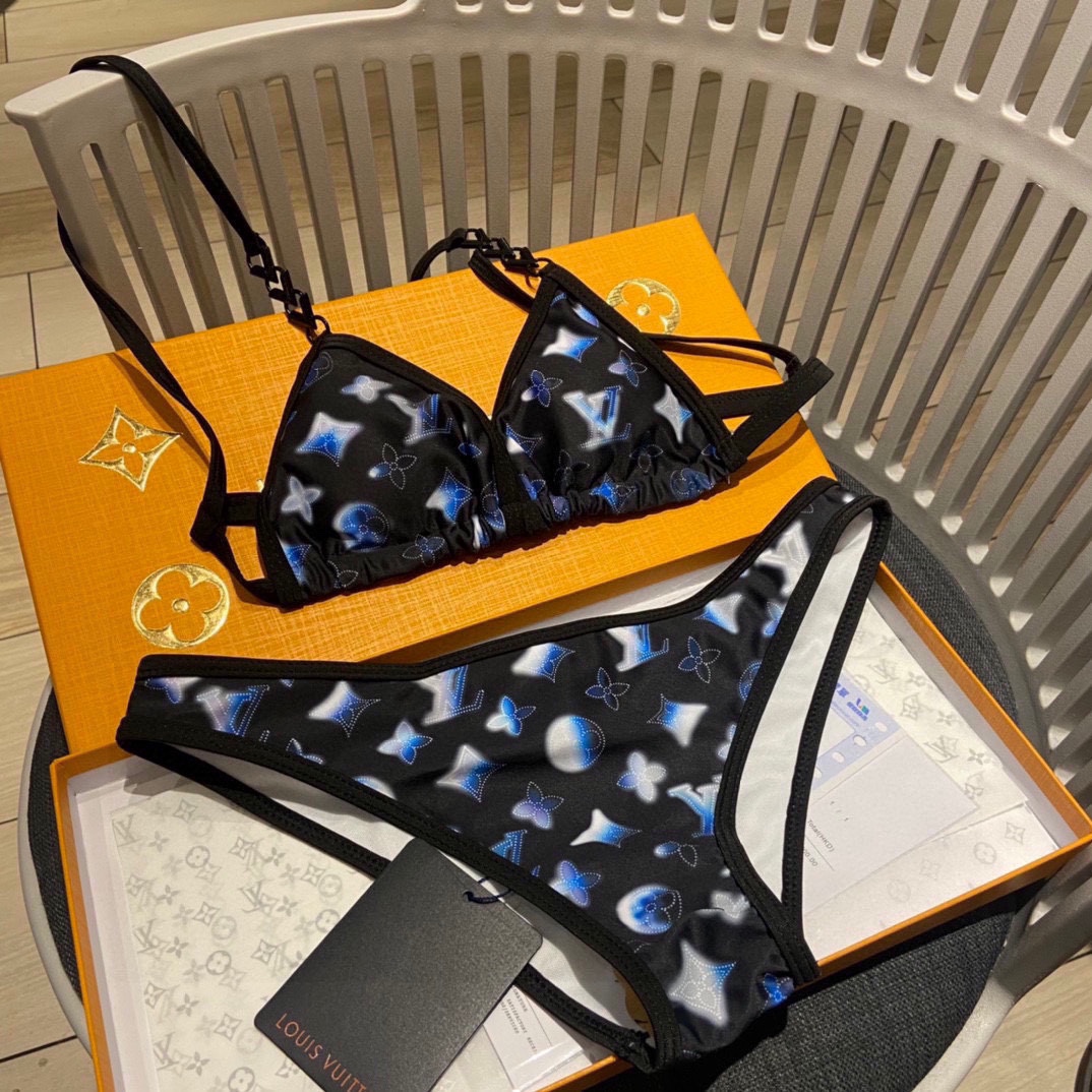 [TOP] L&V Black Blue Printed Bikini LV Louis Vuitton