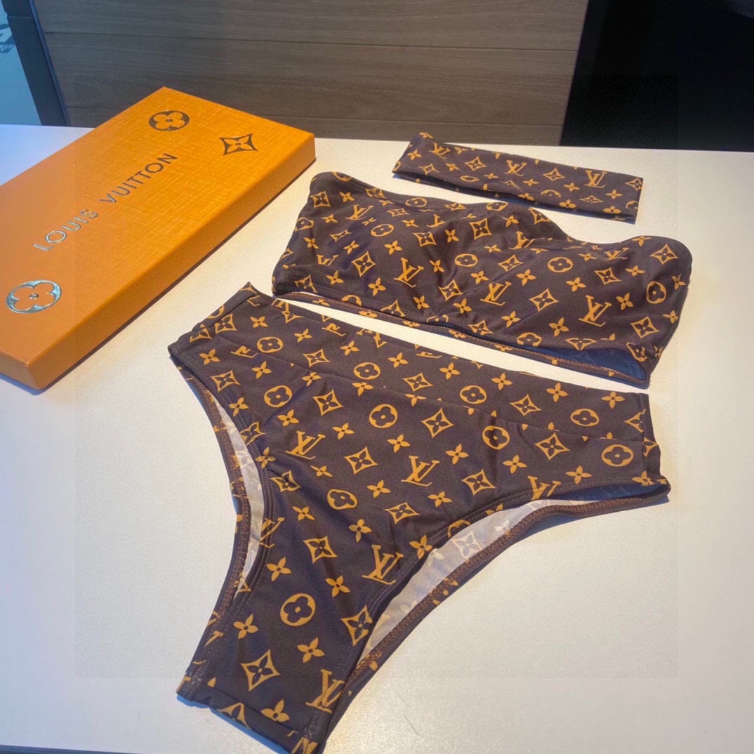 [TOP] L&V Classic logo Bikini Swimsuit - Brown - LV Louis Vuitton