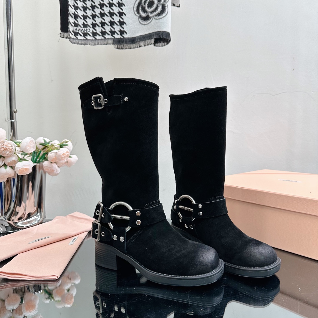[TOP] m!u m!u Retro Western Catwalk Motorcycle High Boots - 3 Colors - Suede with 1 Buckle - MIUMIU