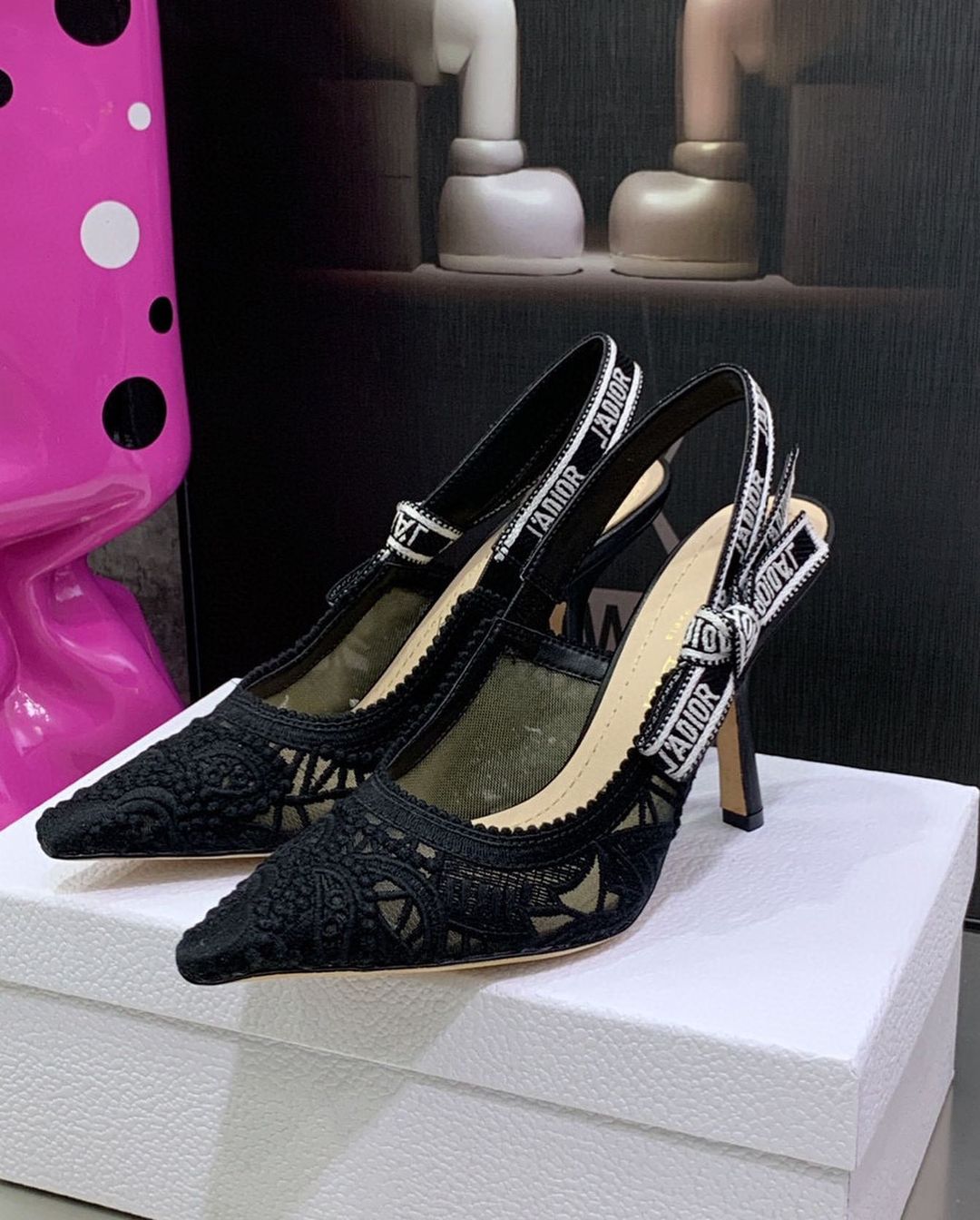 [TOP] D!or J'AChristian Dior Slingback Pump Macramé Embroidered Cotton - Black - Christian Dior