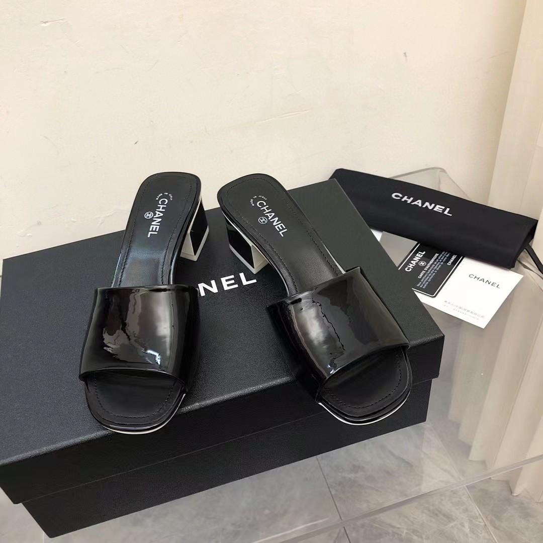 [Top] CH@NEL High Heel Sliders - Black - Chanel