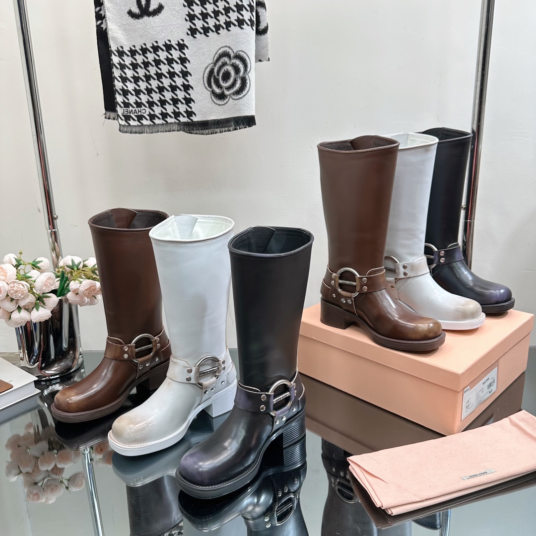 [TOP] m!u m!u Retro Western Catwalk Motorcycle High Boots - 3 Colors - Waxed Calfskin with 1 Buckle - MIUMIU