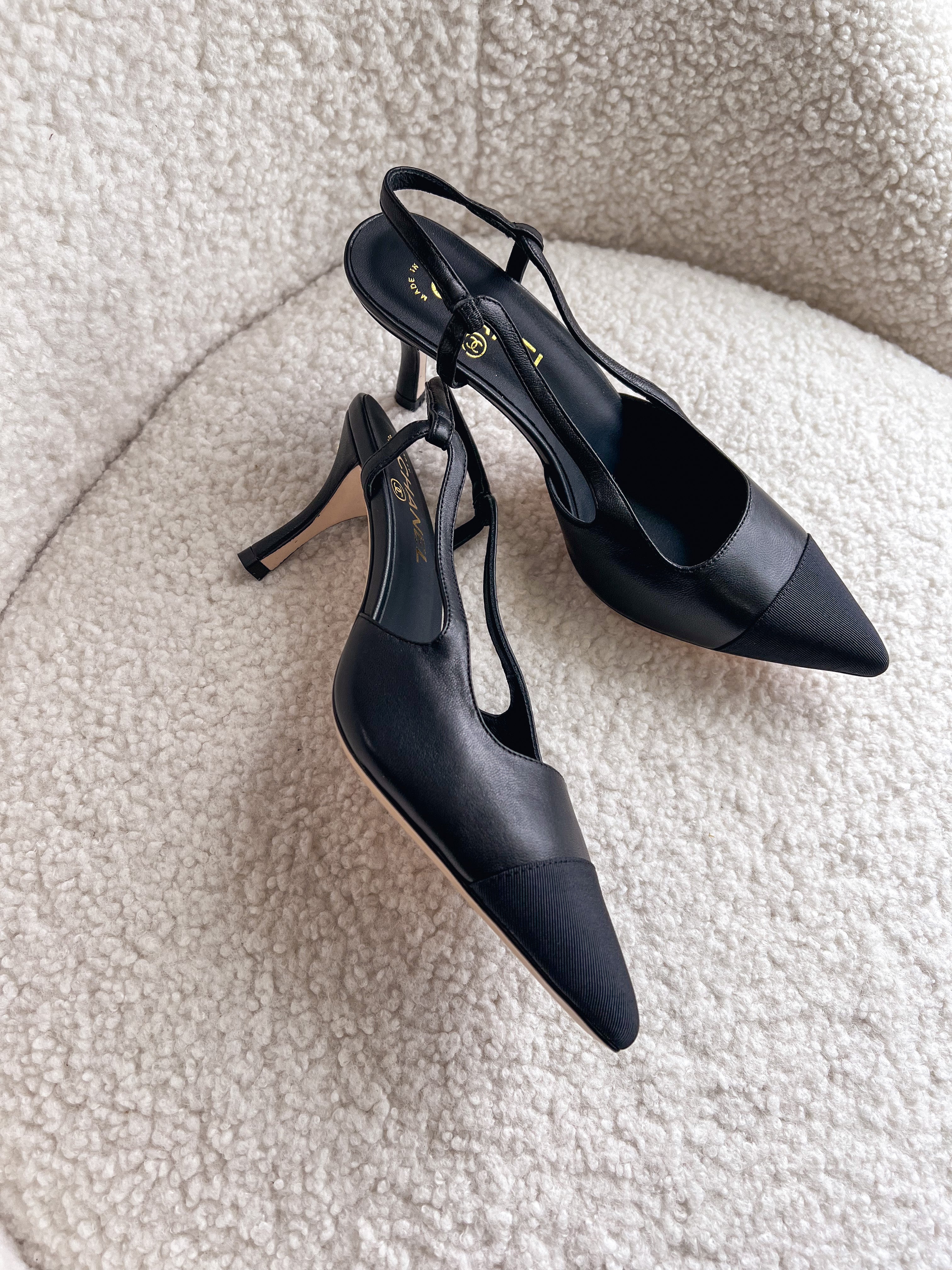 [TOP] CH@NEL Canvas and Leather Slingback Pump High Heel - Black - Chanel