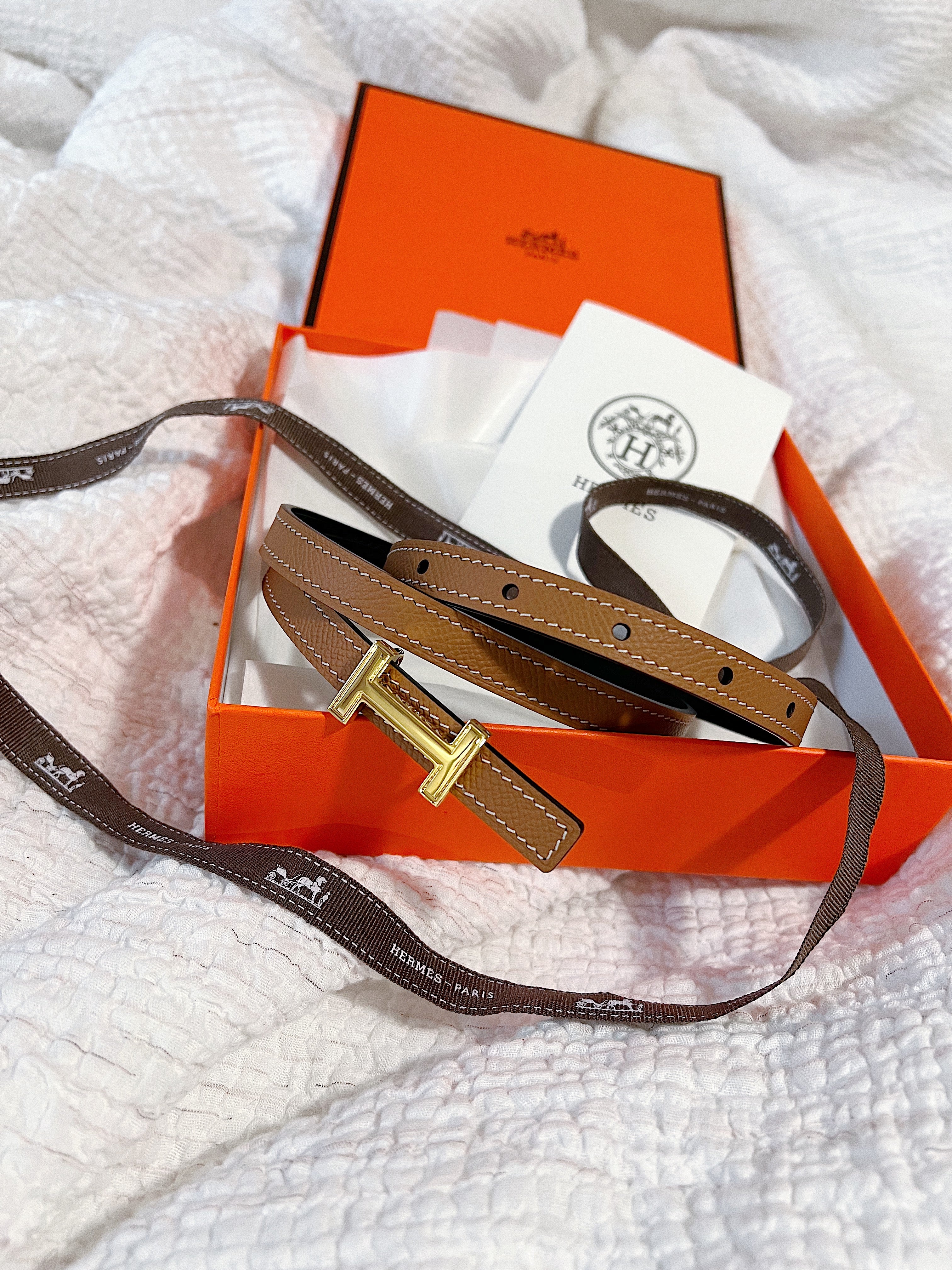 [TOP] HRMES Reversible Buckle Logo Epsom Belt 1.3cm - Brown & Black - Hermes