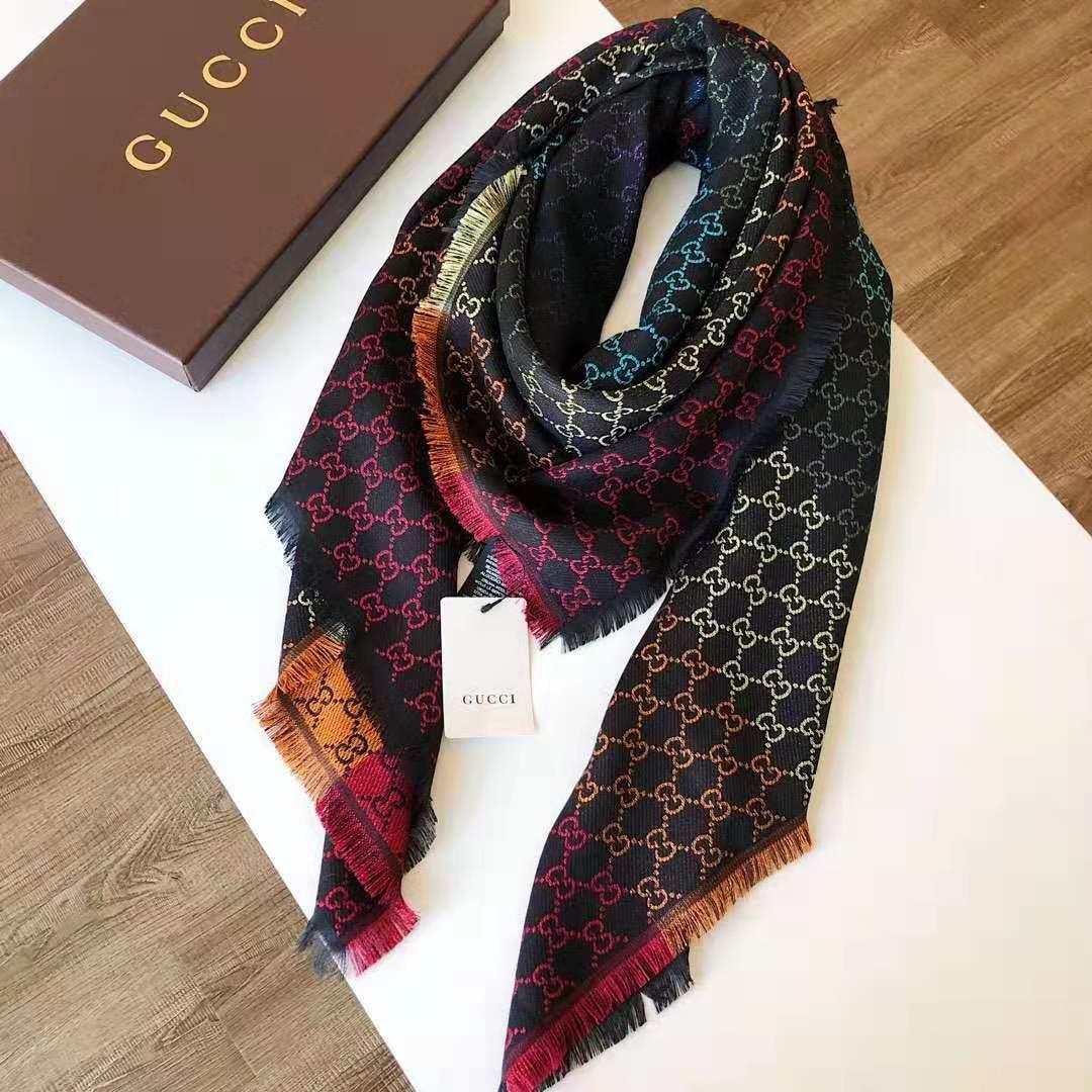[TOP] GUCC! Jacquard Scarf Wool Shawl - Black Rainbow - Gucci