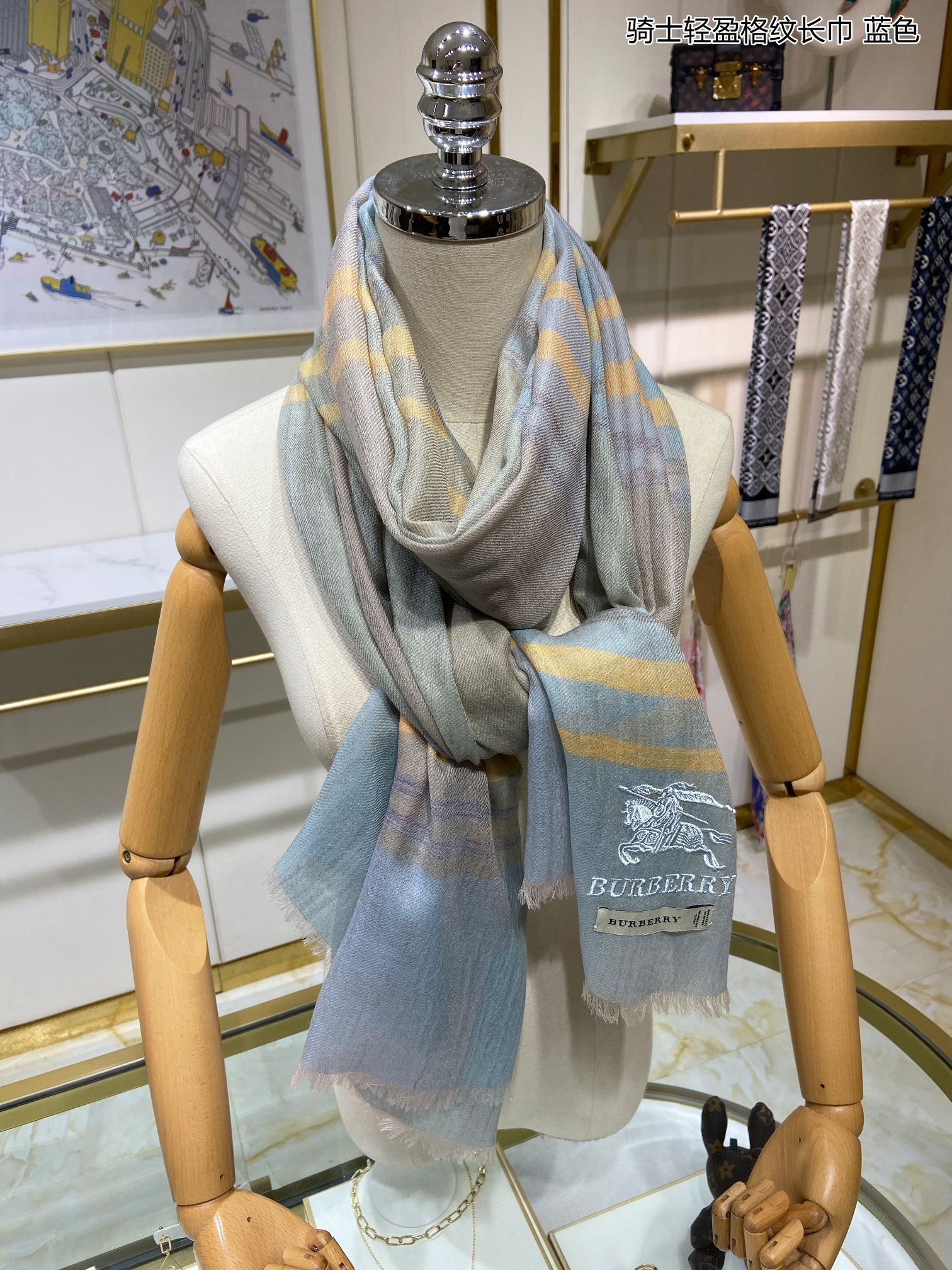 [TOP] BURBRRY Lightweight Check Wool Silk Gauze Weave Shawl Wrap - Blue - Burberry