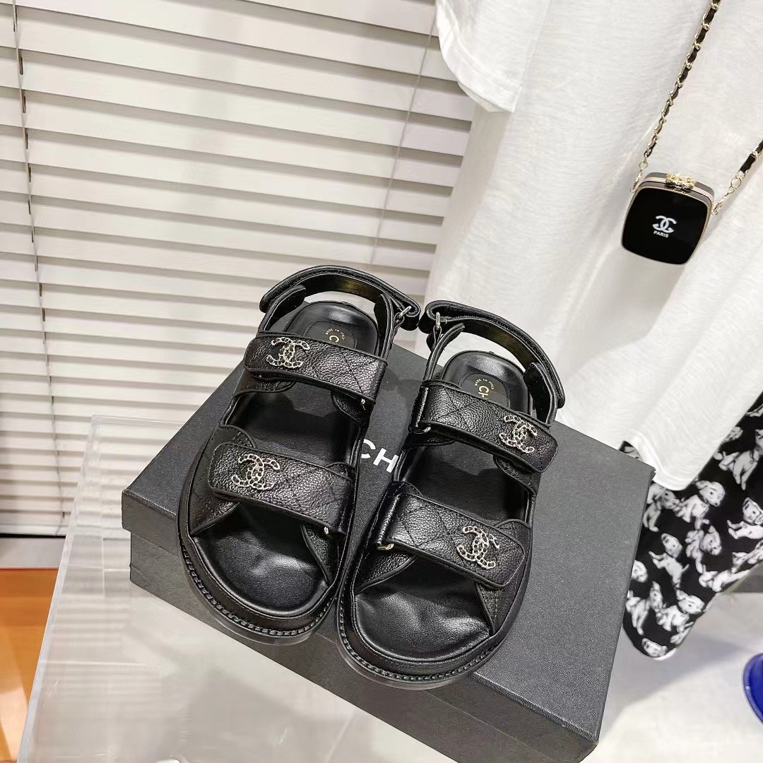 [Top] CH@NEL Leather Sandals - 2 Color - Chanel