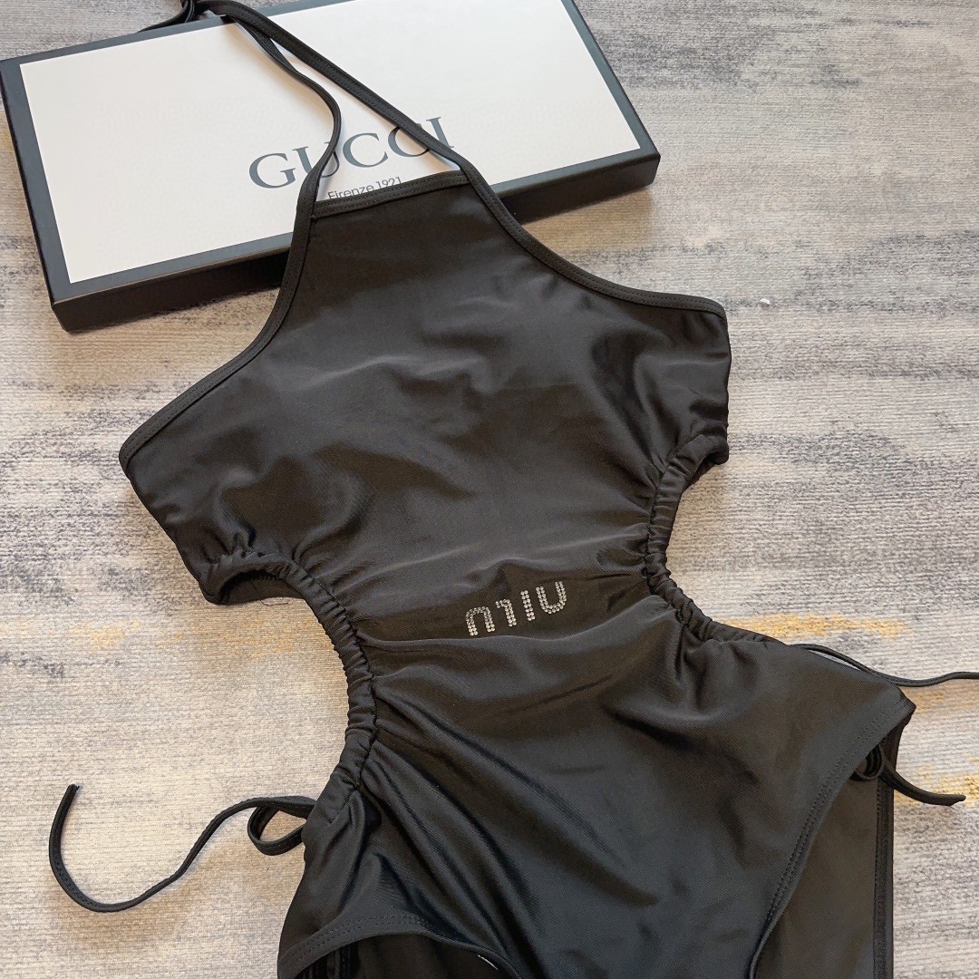 [TOP] m!u m!u Open Waist Drawstring One-Piece Swimsuit - Black - MIUMIU
