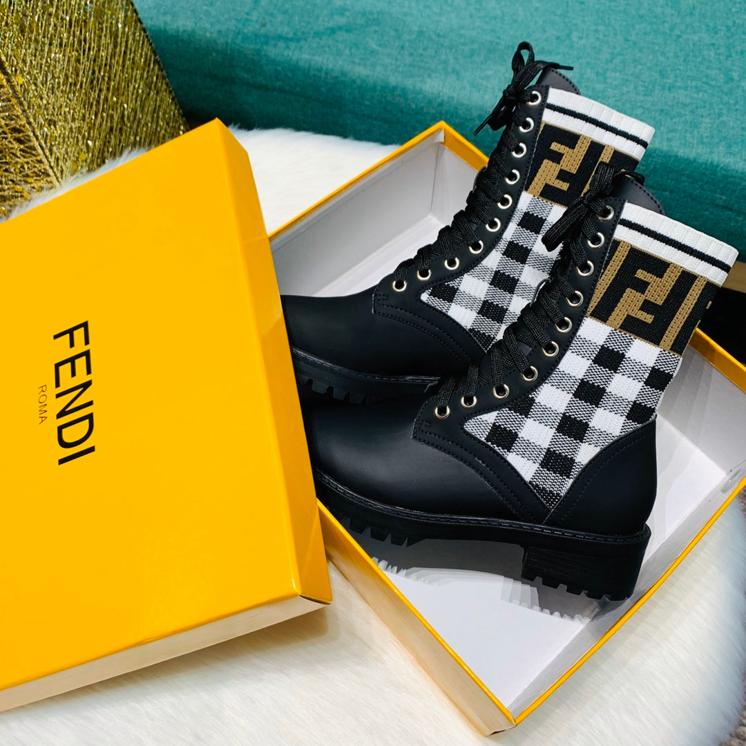 [TOP] FNDI Gingham Sock Lace Up Boots - Black and White Checkers - Fendi