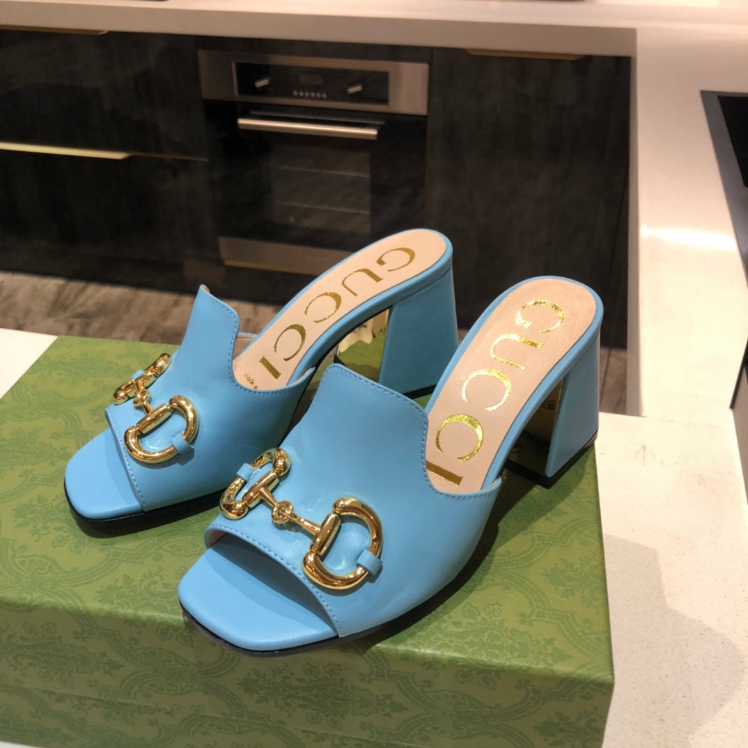 [TOP] GUCC! G*G Horsebit Slide Sandal Block Heels - Blue - Gucci
