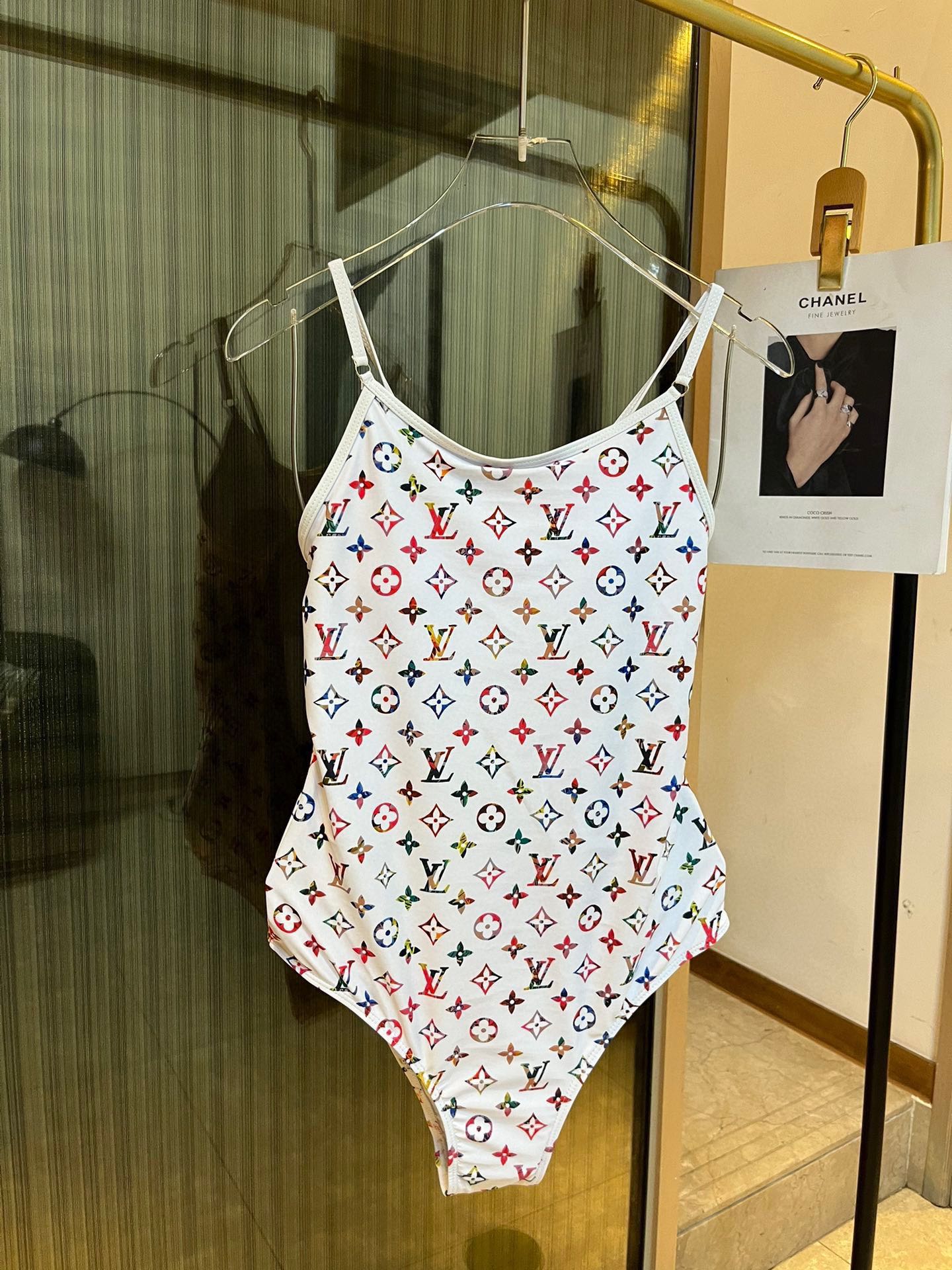 [TOP] L&V White Printed Backless One-Piece Swimsuit LV Louis Vuitton
