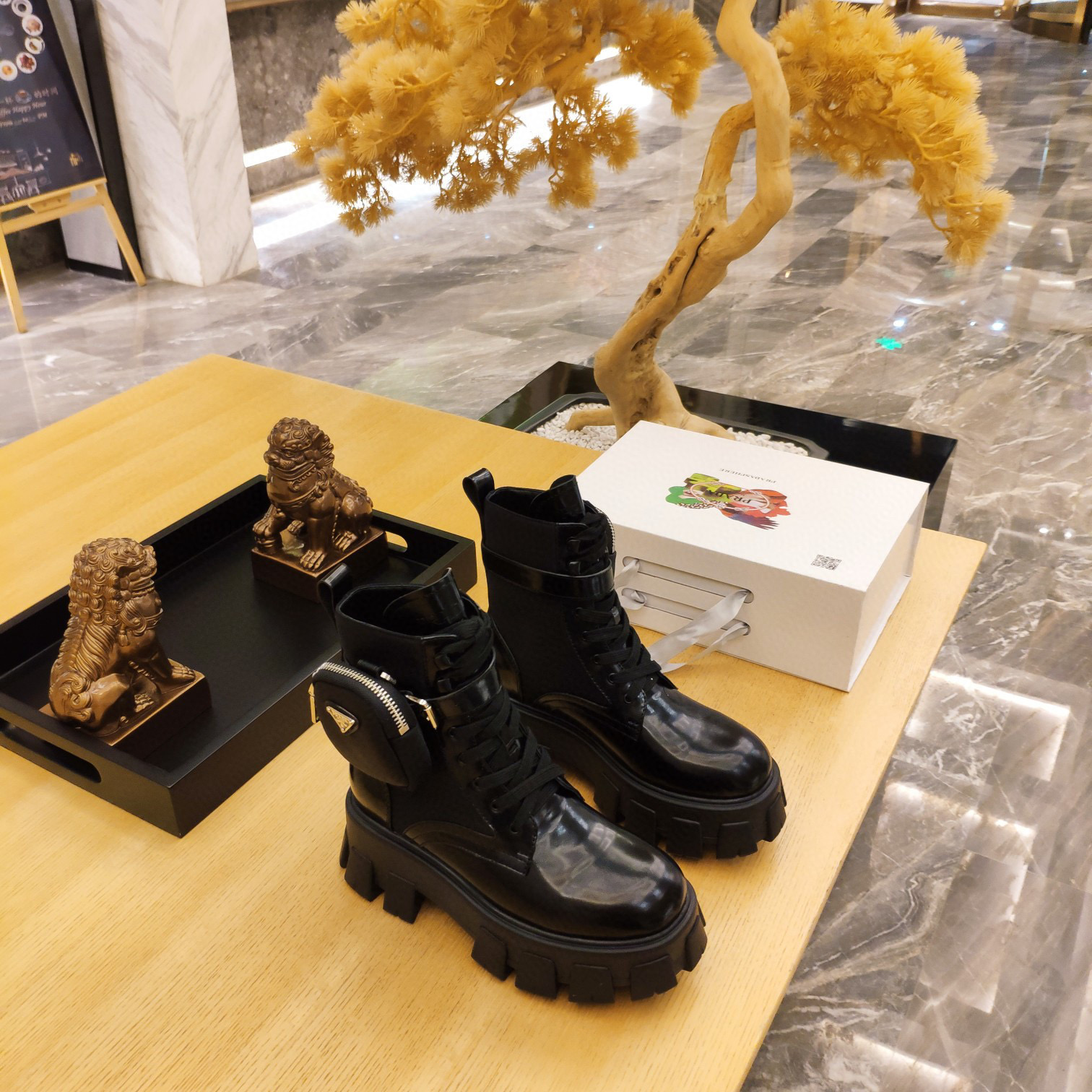 [TOP] PR@DA Monolith Patent Leather and Nylon Ankle Boots With Small Bas - Black - Prada