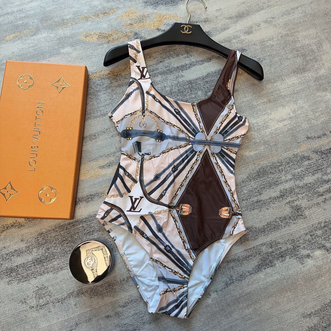 [TOP] L&V Fashion Chain Pattern One Piece Swimsuit LV Louis Vuitton