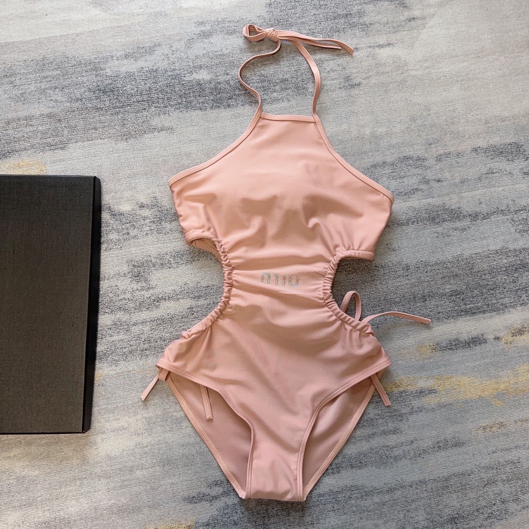 [TOP] m!u m!u Open Waist Drawstring One-Piece Swimsuit - Pink - MIUMIU