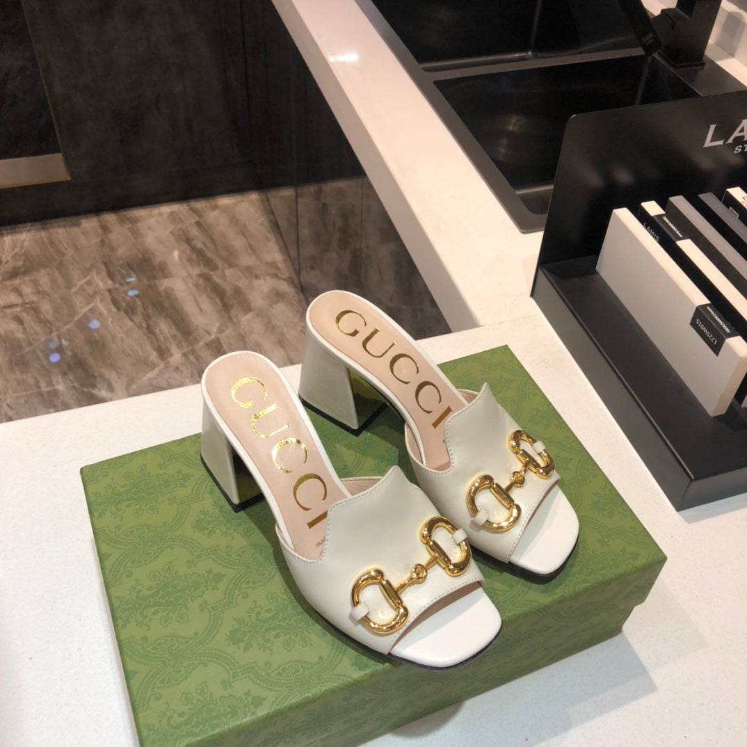 [TOP] GUCC! G*G Horsebit Slide Sandal Block Heels - White - Gucci