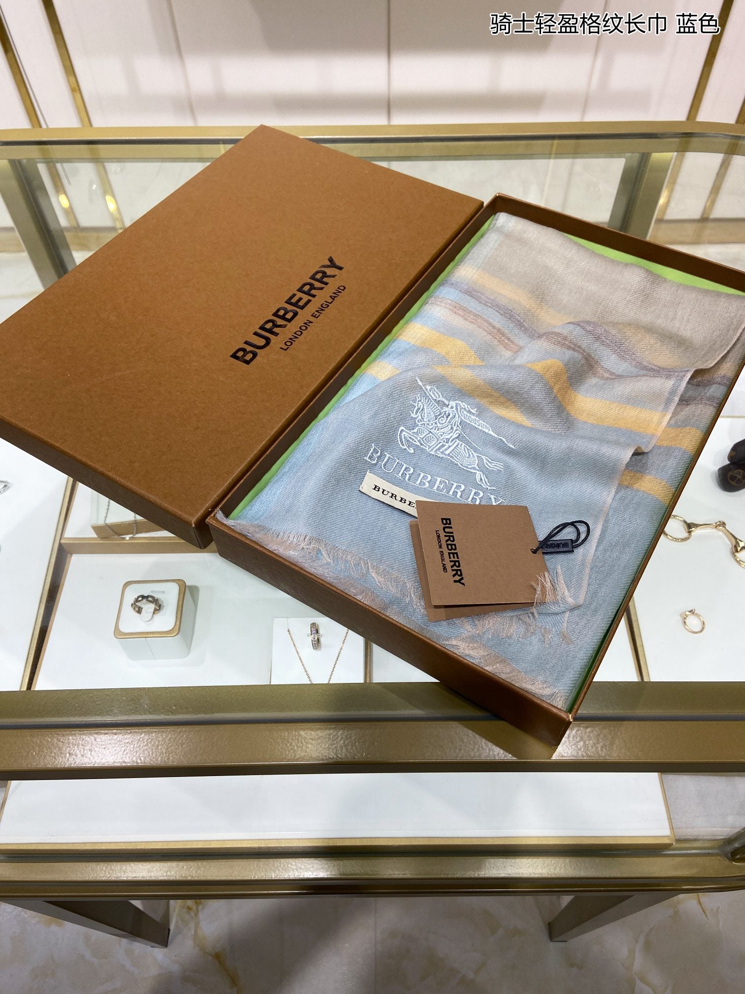 [TOP] BURBRRY Lightweight Check Wool Silk Gauze Weave Shawl Wrap - Blue - Burberry