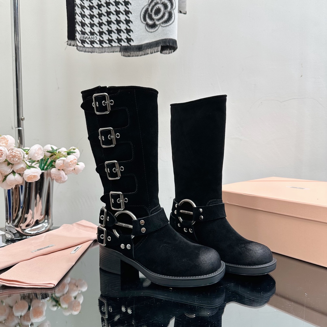 [TOP] m!u m!u Retro Western Catwalk Motorcycle High Boots - 3 Colors - Suede with 4 Buckles - MIUMIU