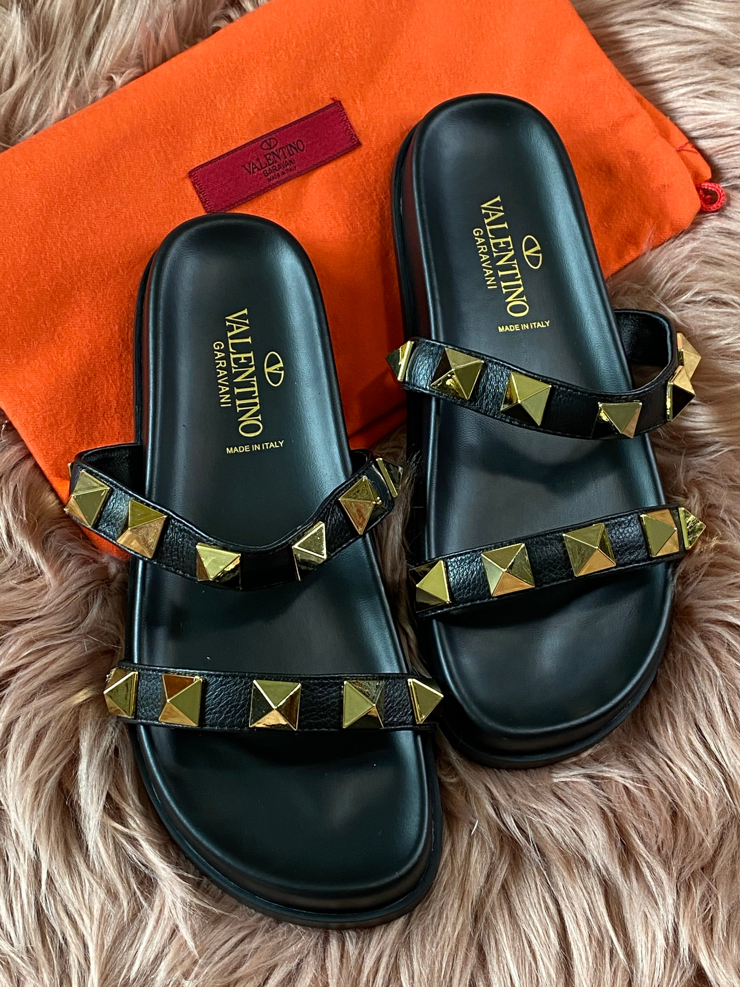 [TOP] V@LENTINO Valentino 2 Band Rock Studs Slides - Black - Valentino
