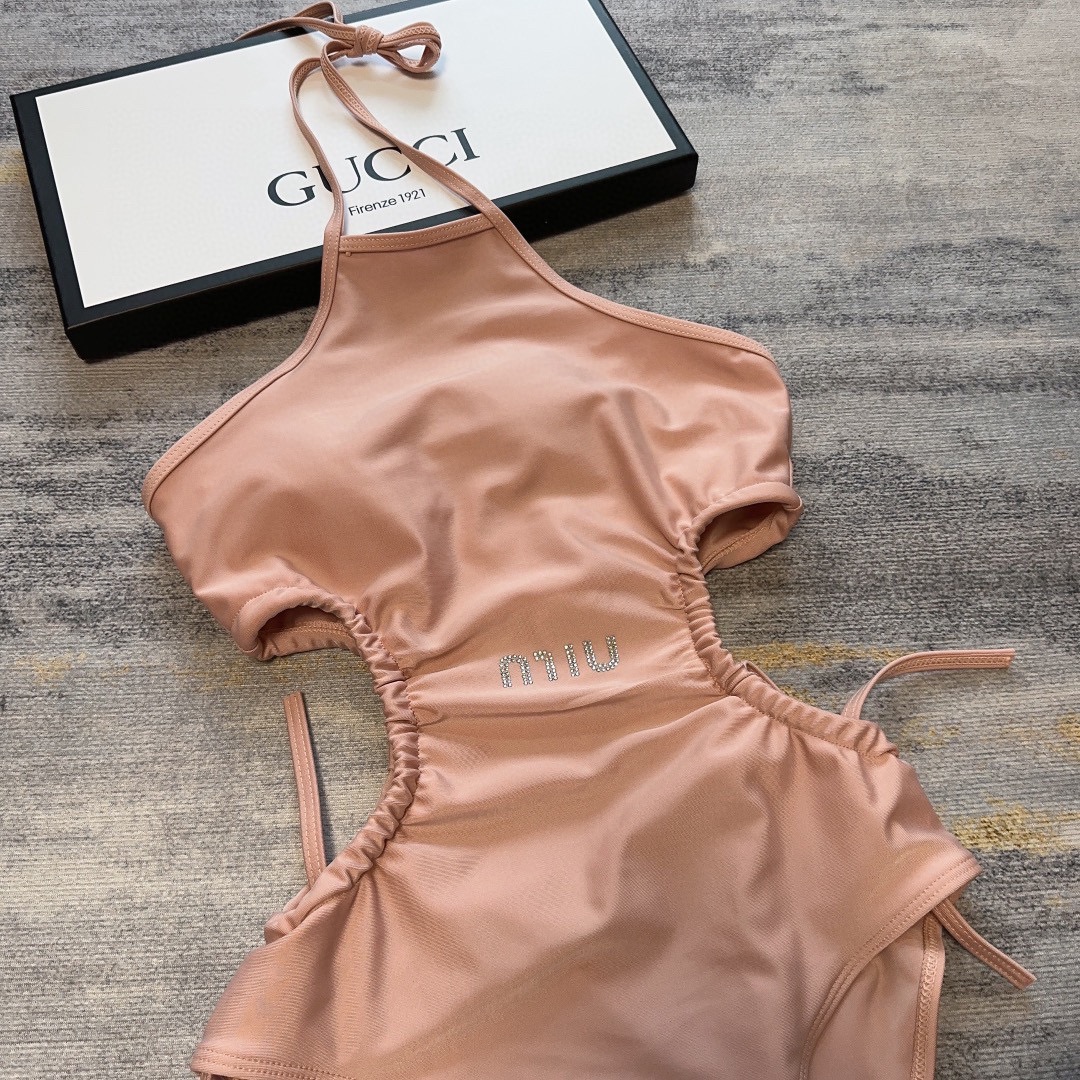 [TOP] m!u m!u Open Waist Drawstring One-Piece Swimsuit - Pink - MIUMIU