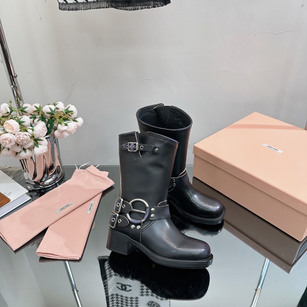 [TOP] m!u m!u Retro Western Catwalk Motorcycle Middle Boots - 3 Colors - Waxed Calfskin with 1 Buckle - MIUMIU