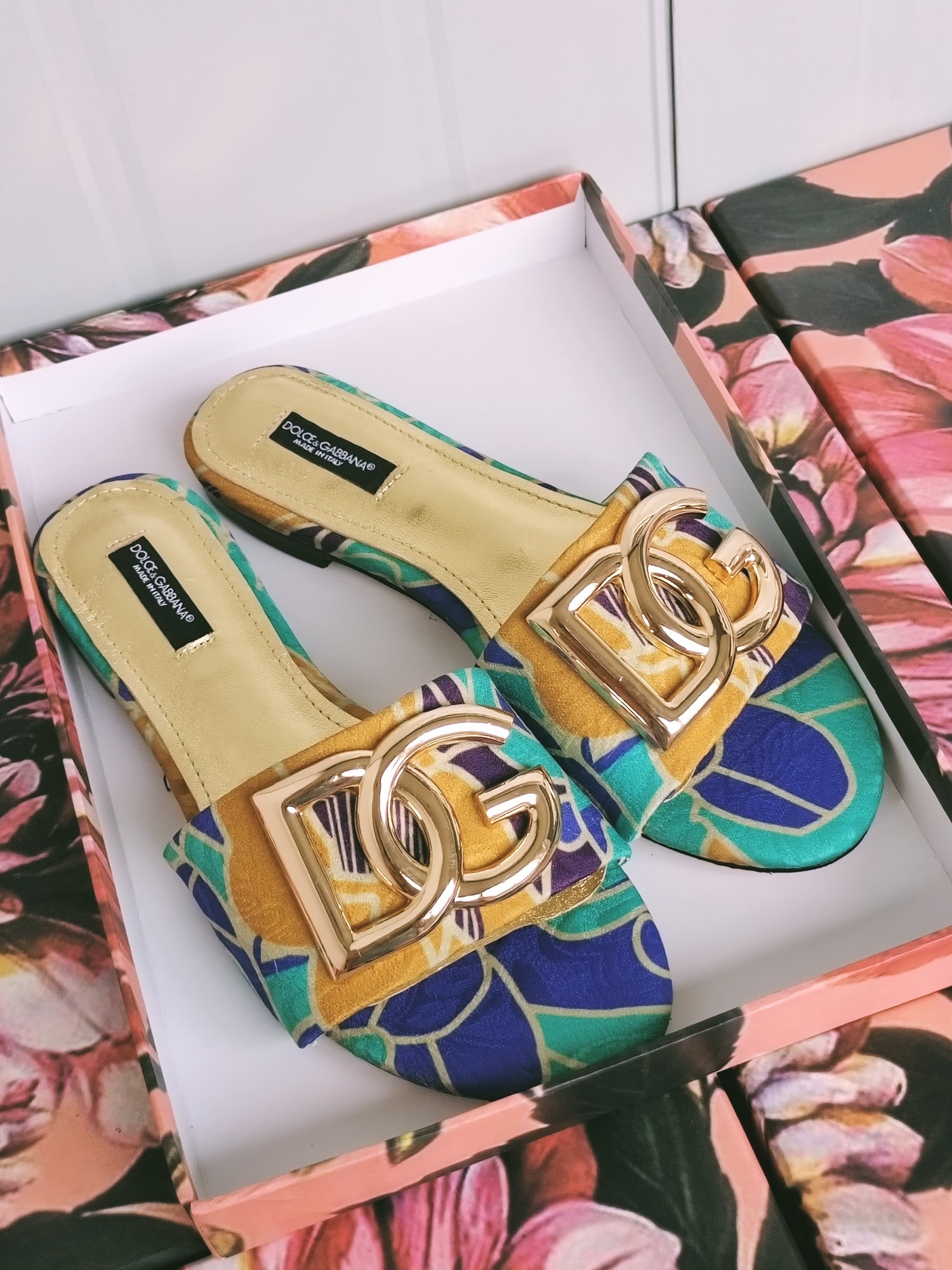 [TOP] D^G Slides Leather - Green and Yellow Flowers - Dolce&Gabbana