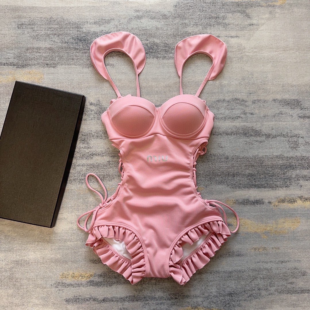 [TOP] m!u m!u Lace Drawstring One-Piece Swimsuit - Pink - MIUMIU