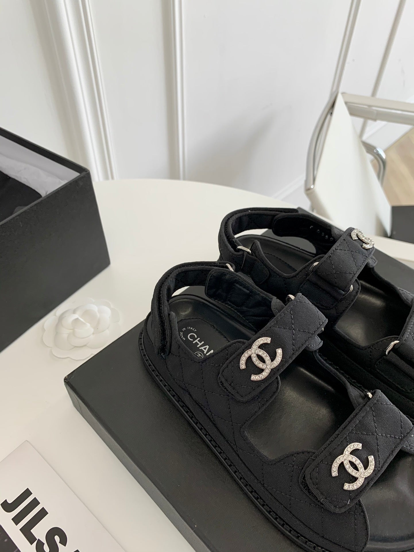 [TOP] CH@NEL Dad Sandals Canvas Strappy Stones Logo - Black - Chanel