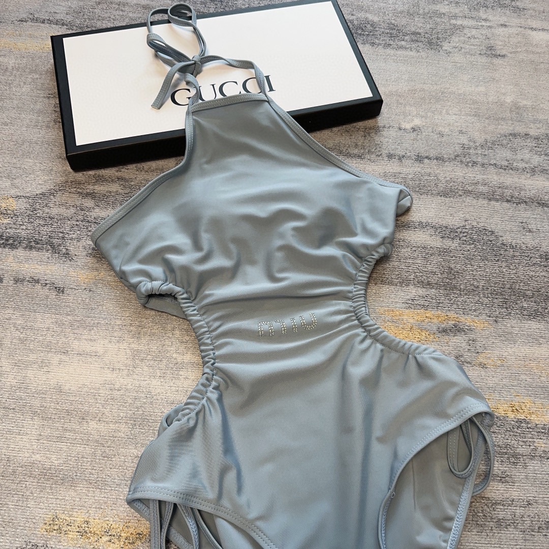 [TOP] m!u m!u Open Waist Drawstring One-Piece Swimsuit - Blue - MIUMIU