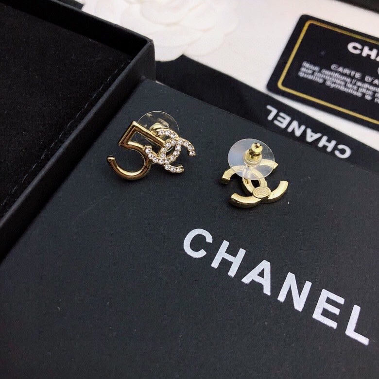 [TOP] CH@NEL Double C Number 5 Irregular Stud Earrings Chanel