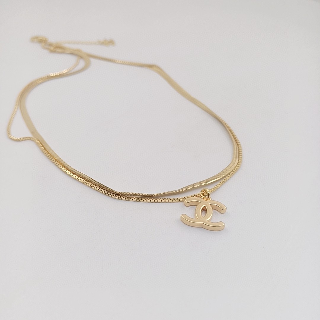 [TOP] CH@NEL Logo Double Layer Simple Necklace - Gold - Chanel