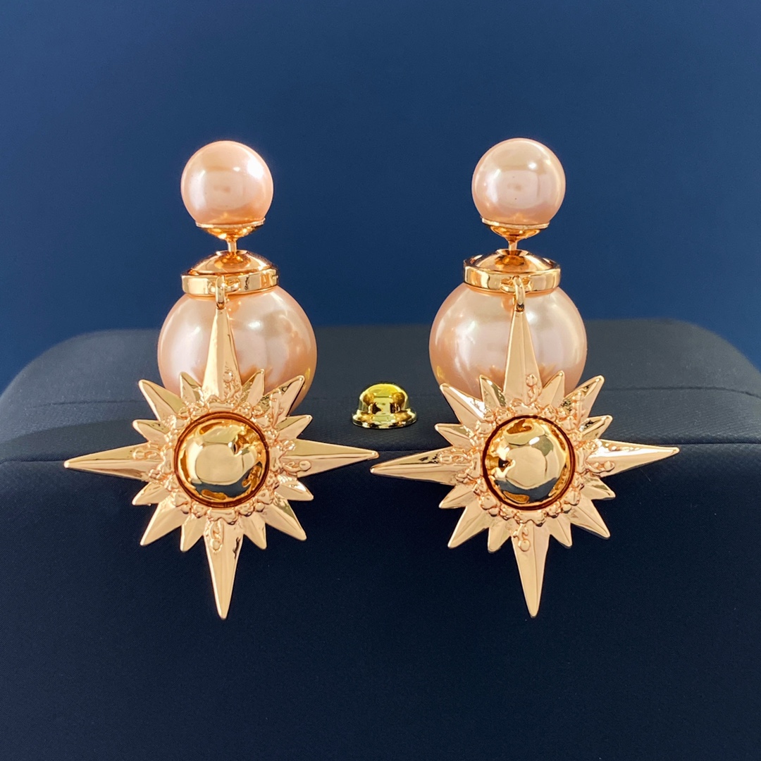 [TOP] D!or  Pearl Back Hanging Beads Hanging Hexagram Earrings - Gold - Christian Dior