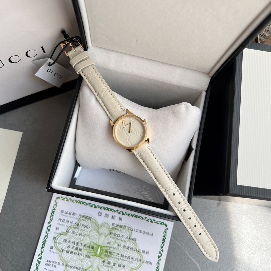 [TOP] GUCC! G-Timeless Lady Watch Leather 28mm - White & GOLD - Gucci