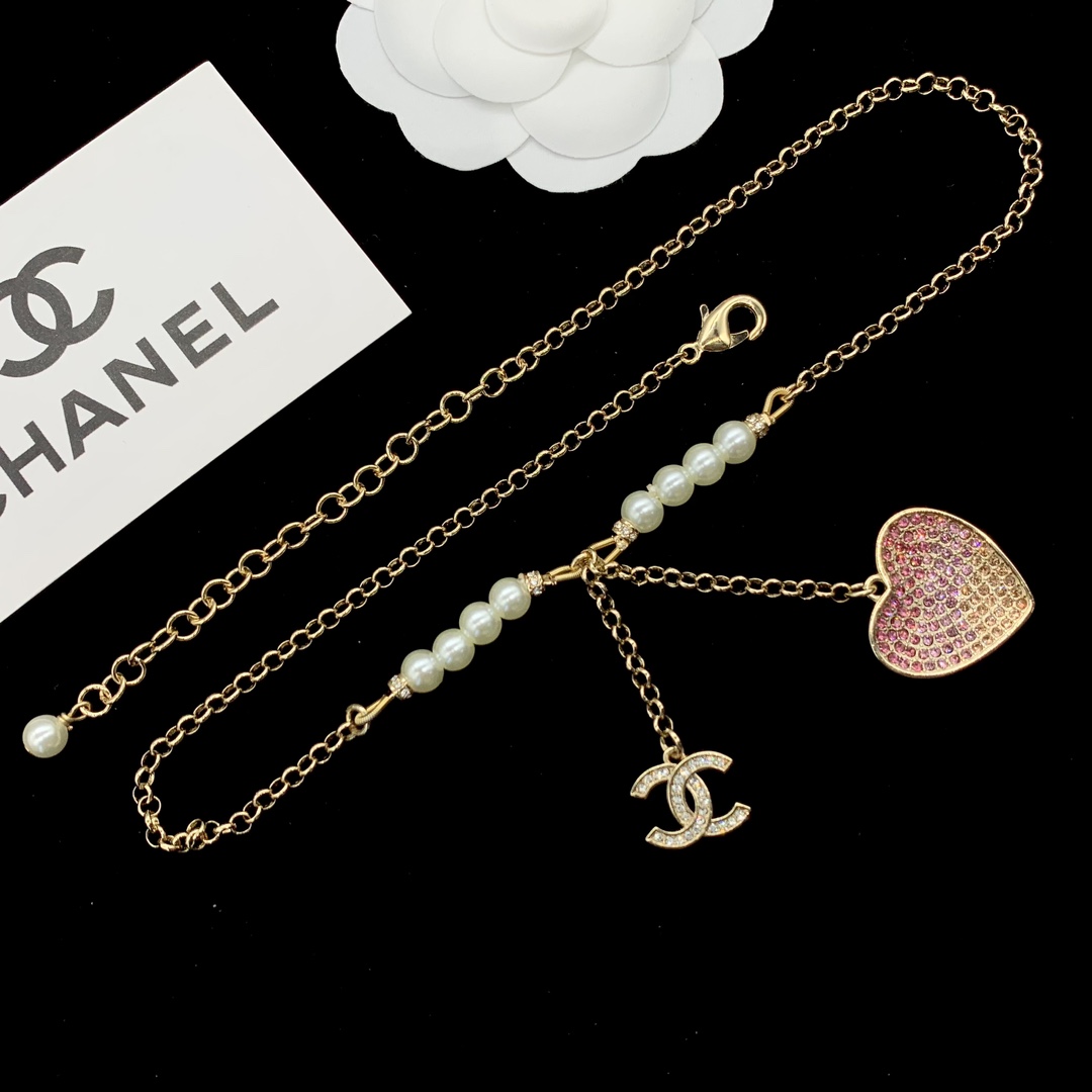 [TOP] CH@NEL Pearl/Gold Chain/Heart Necklace - Chanel