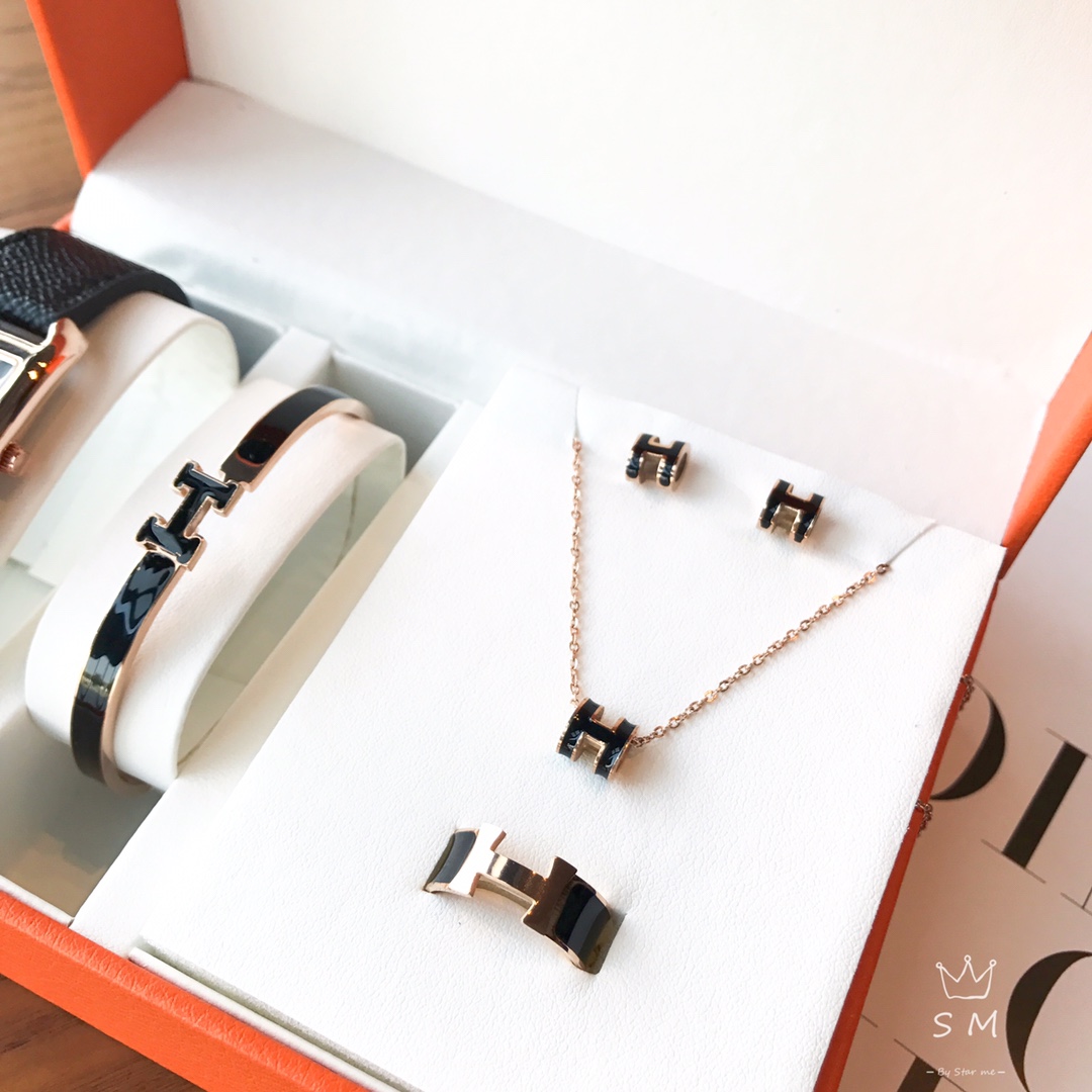 [TOP] HRMES H Logo Watch Bracelet Necklace Earrings Ring Set - Hermes